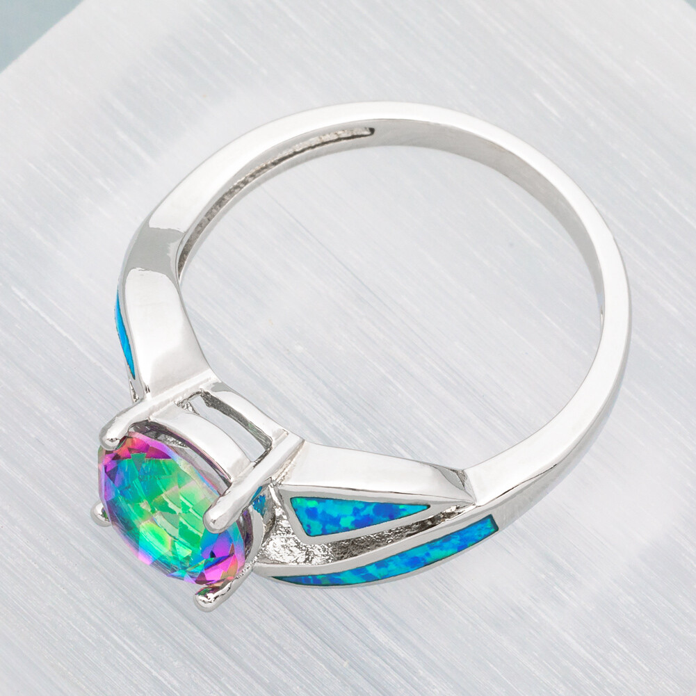 8mm Rainbow Mystic Topaz Blue Fire Opal Silver Jewelry Cocktail Ring Size 7 8 9