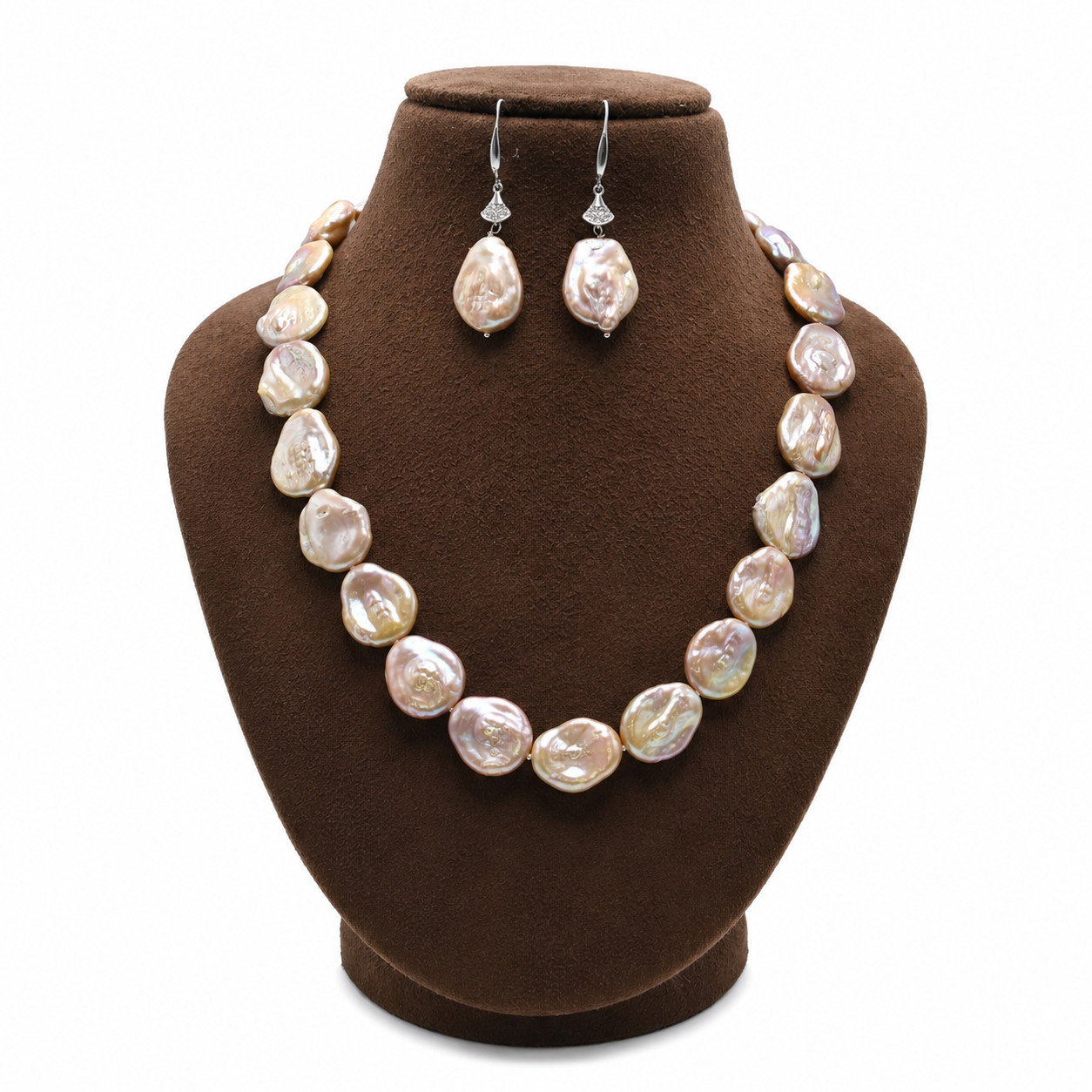 Genuine Natural Peach Baroque Pearl Necklace Earrings Set AA Quality 16 Inch
