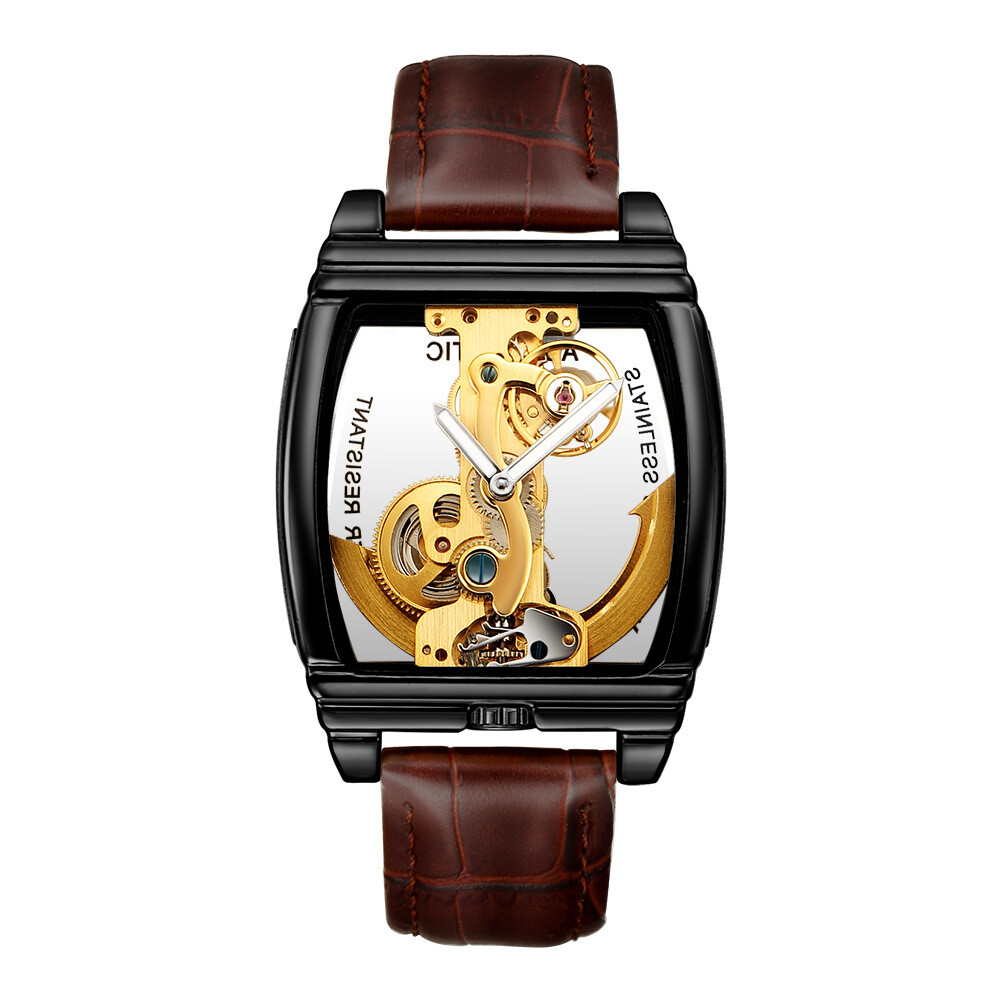 SHENHUA Mens Luxury Automatic Mechanical Transparent Skeleton Self-wind Watch