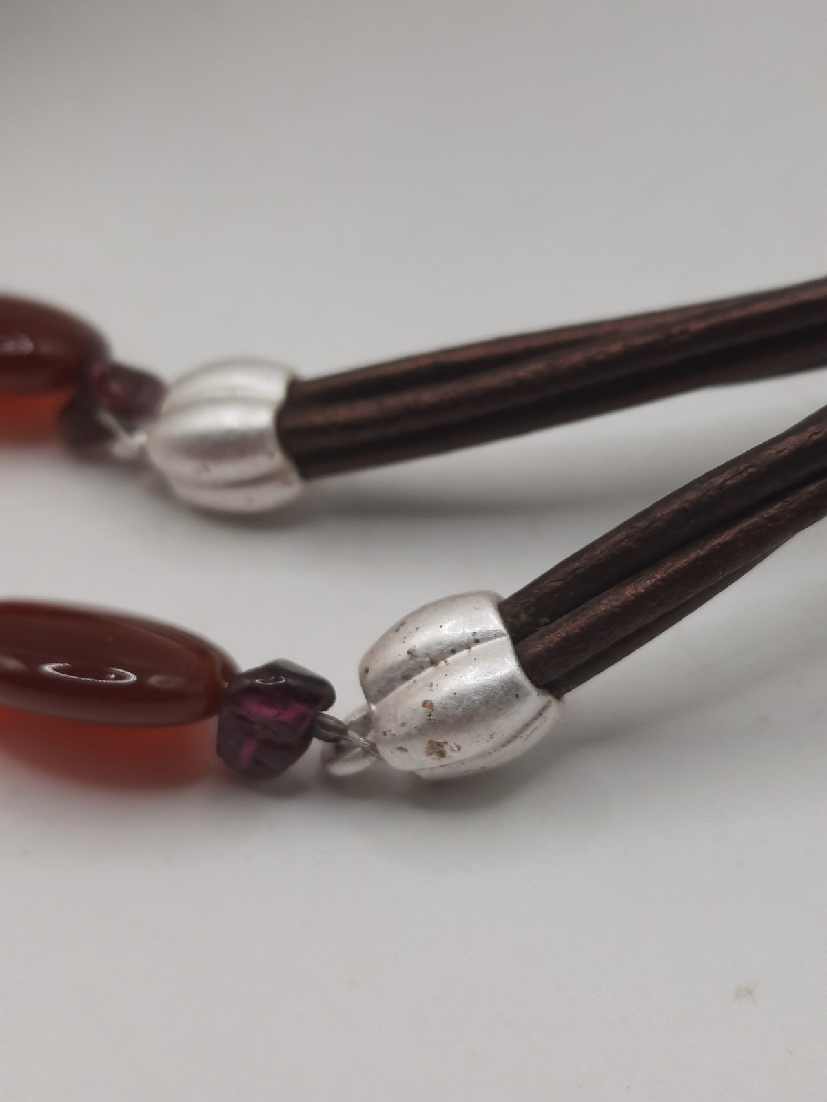 Cattail Pendant Necklace Tigers Eye Carnelian & Garnet Leather Cord 16-18.5″