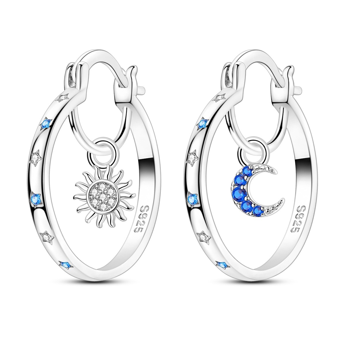 LAZA European Blue Star Moon Sun 925 Sterling Silver Hoop Earrings Women Jewelry