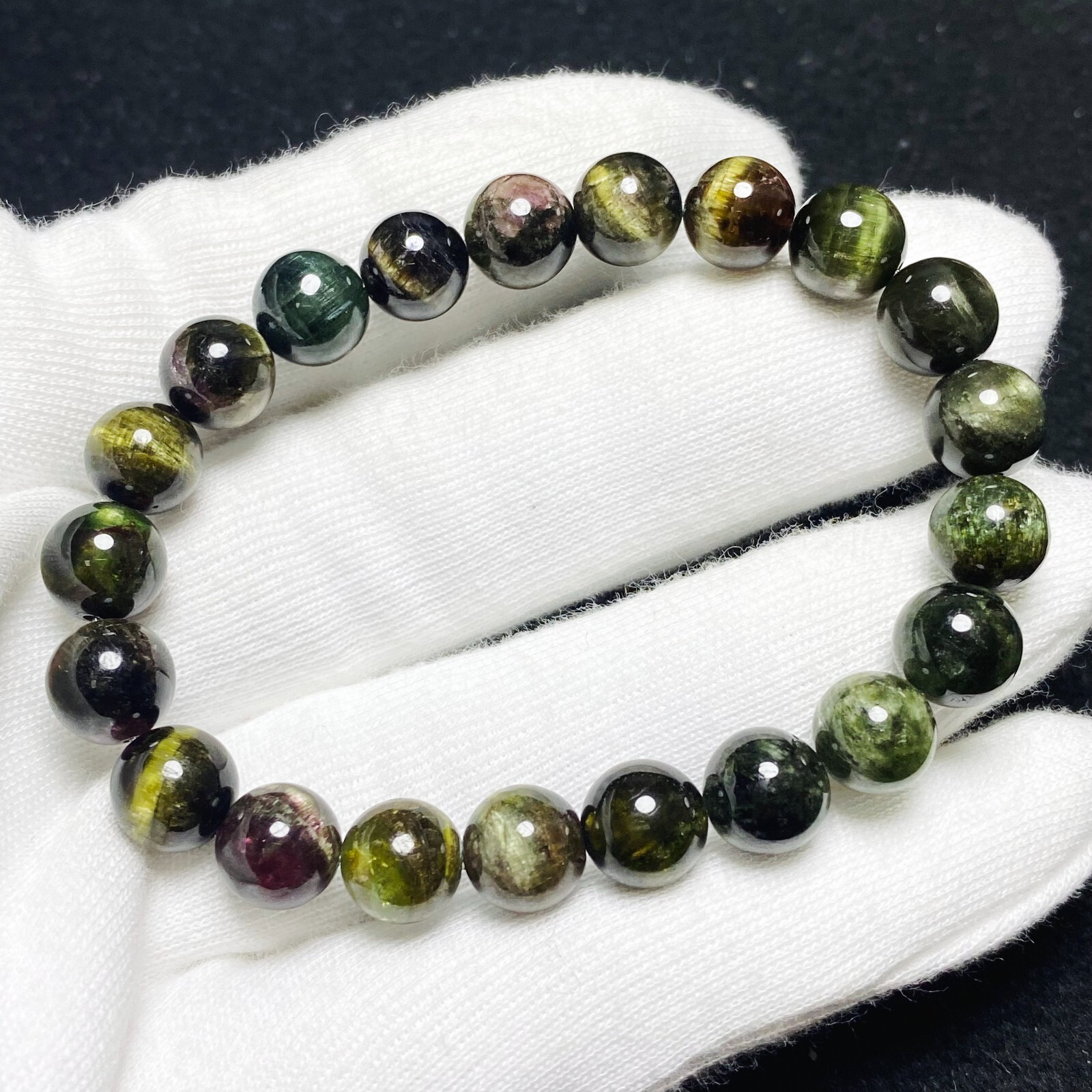 9.2mm Natural Color Tourmaline Cat’s Eye Quartz Crystal Beads Bracelet C1487