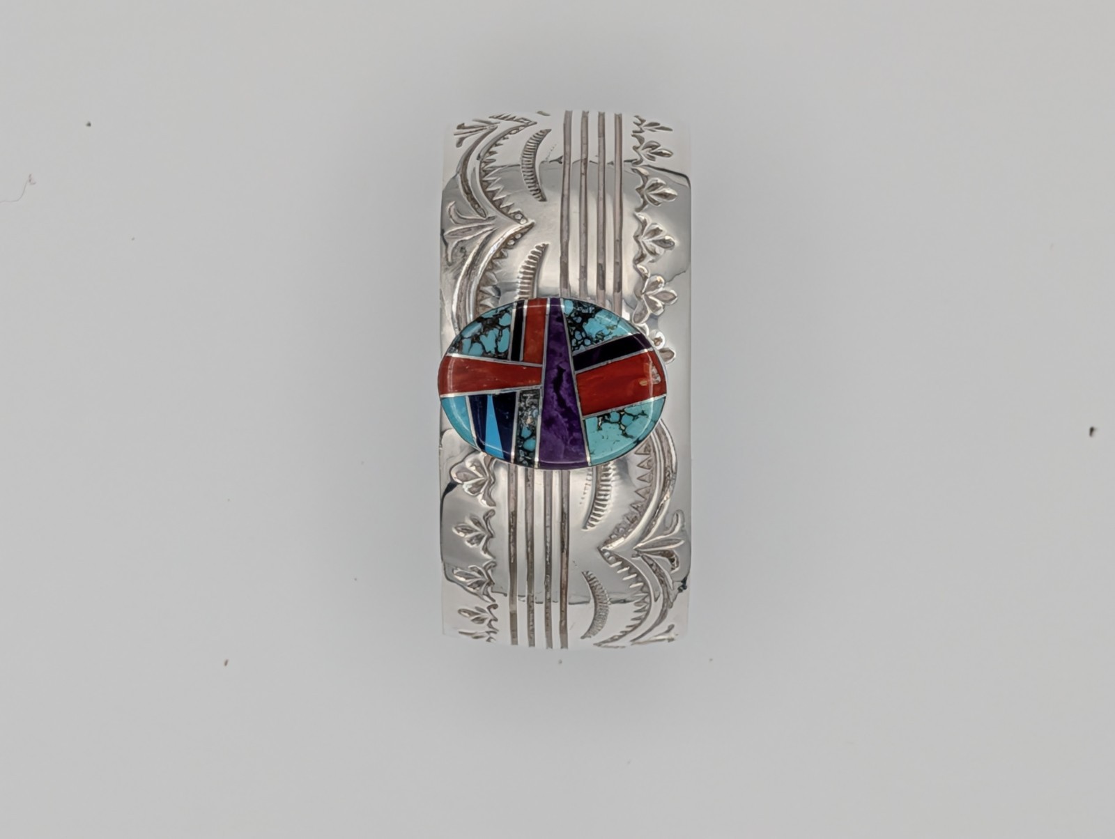 Vintage Navajo Sterling Silver Cuff Bracelet Turquoise Coral Sugilite Blackgoat