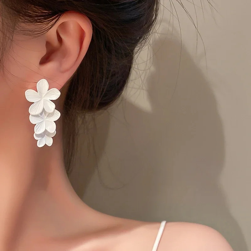 White Gold Tone Flower Drop Earrings Women Painted Metal Floral Classic Jewelry