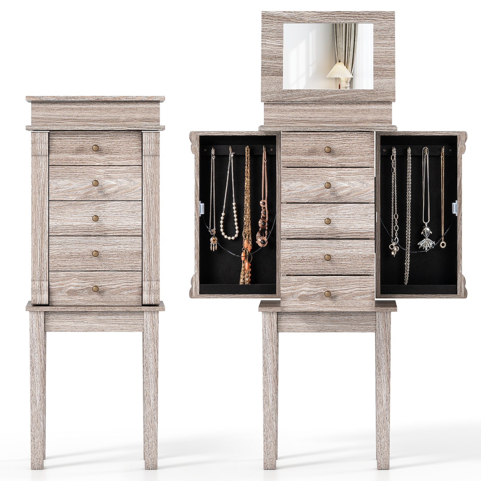 Topbuy Free Standing Jewelry Cabinet Chest Organizer W/ Mirror & Swing Doors