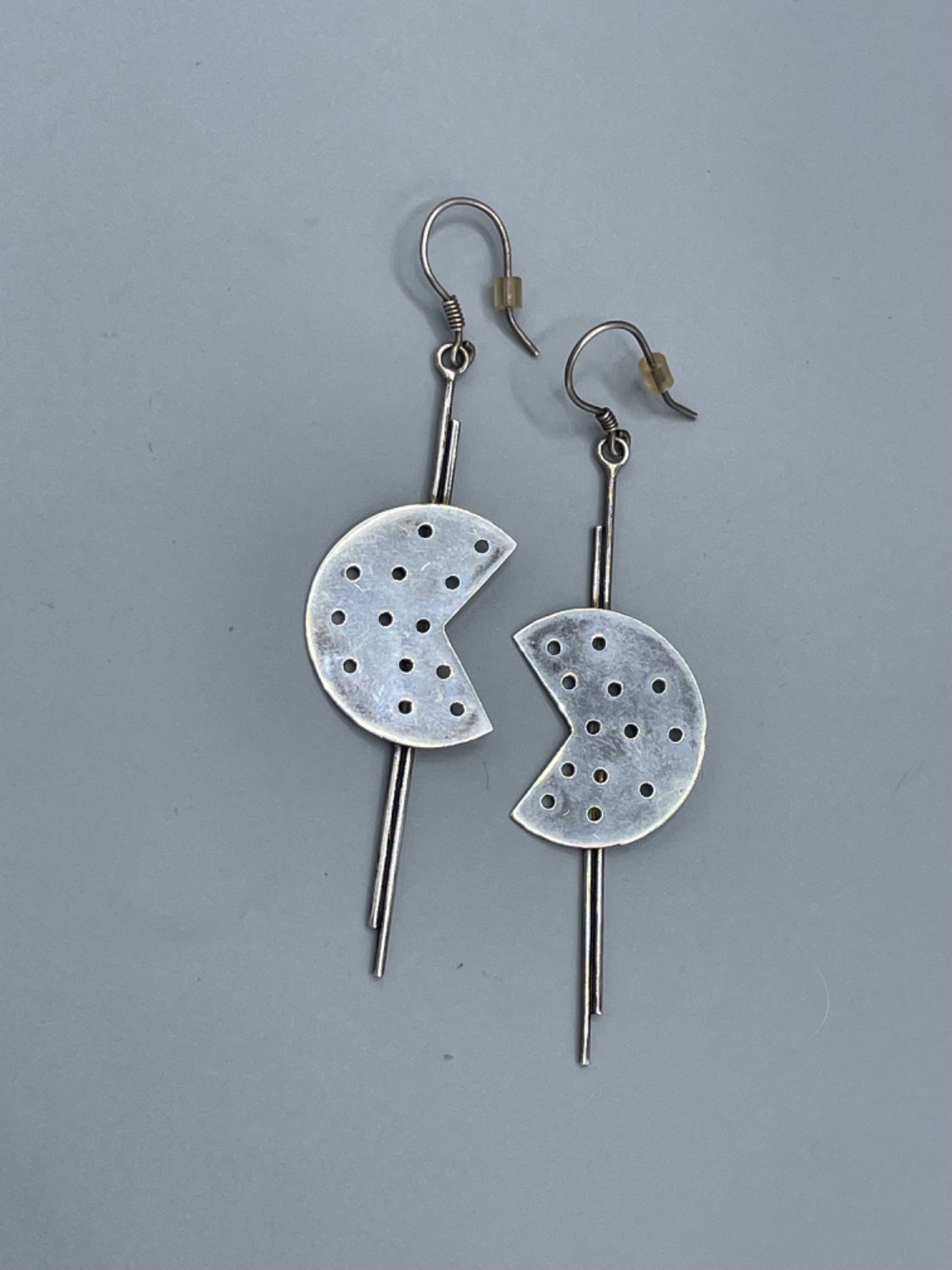 Sterling 925 Handmade Modernist Pierced Circle Pacman Shape Hook Earrings