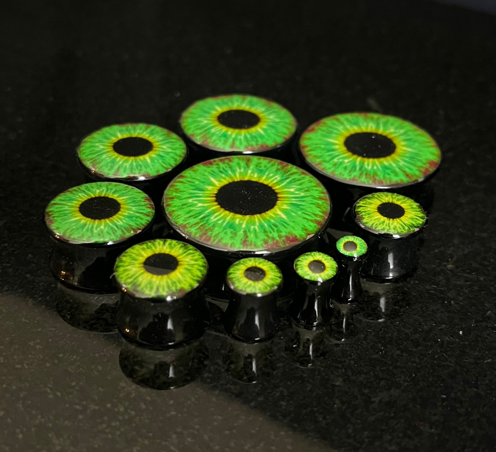 PAIR Green Eyeball Plugs Eye Ball Logo Double Flare Saddle Guages Gauges
