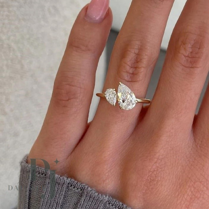 2.55 Carat Pear Cut Moissanite Toi Et Moi Engagement Ring Solid 14K Yellow Gold