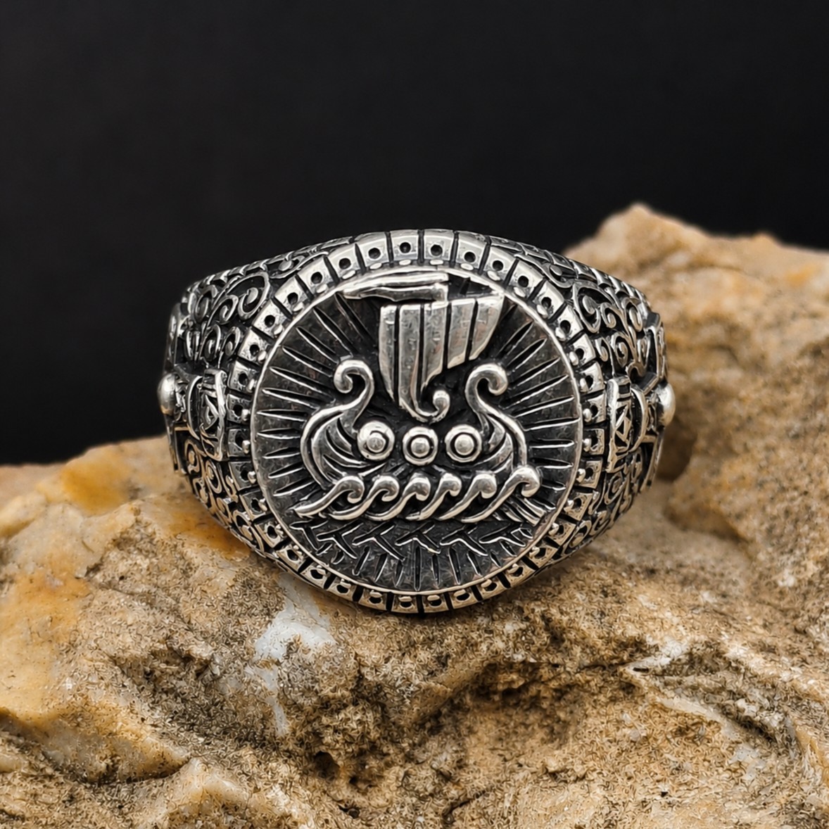 Men’s 925 Sterling Silver Viking Ship Ring Norse Longship Oxidized Sz 12.5
