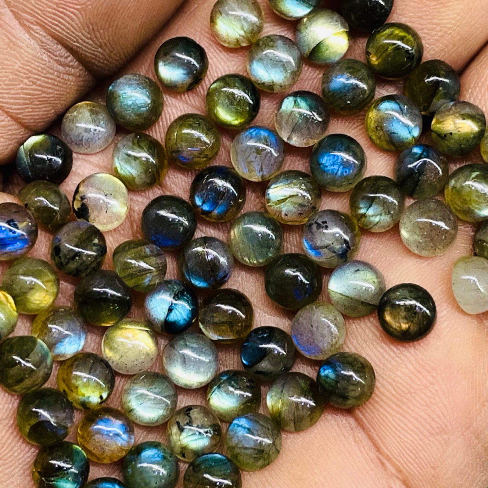 60 Pcs Natural Labradorite 7mm Round Flashy Loose Untreated Cabochon Gemstones