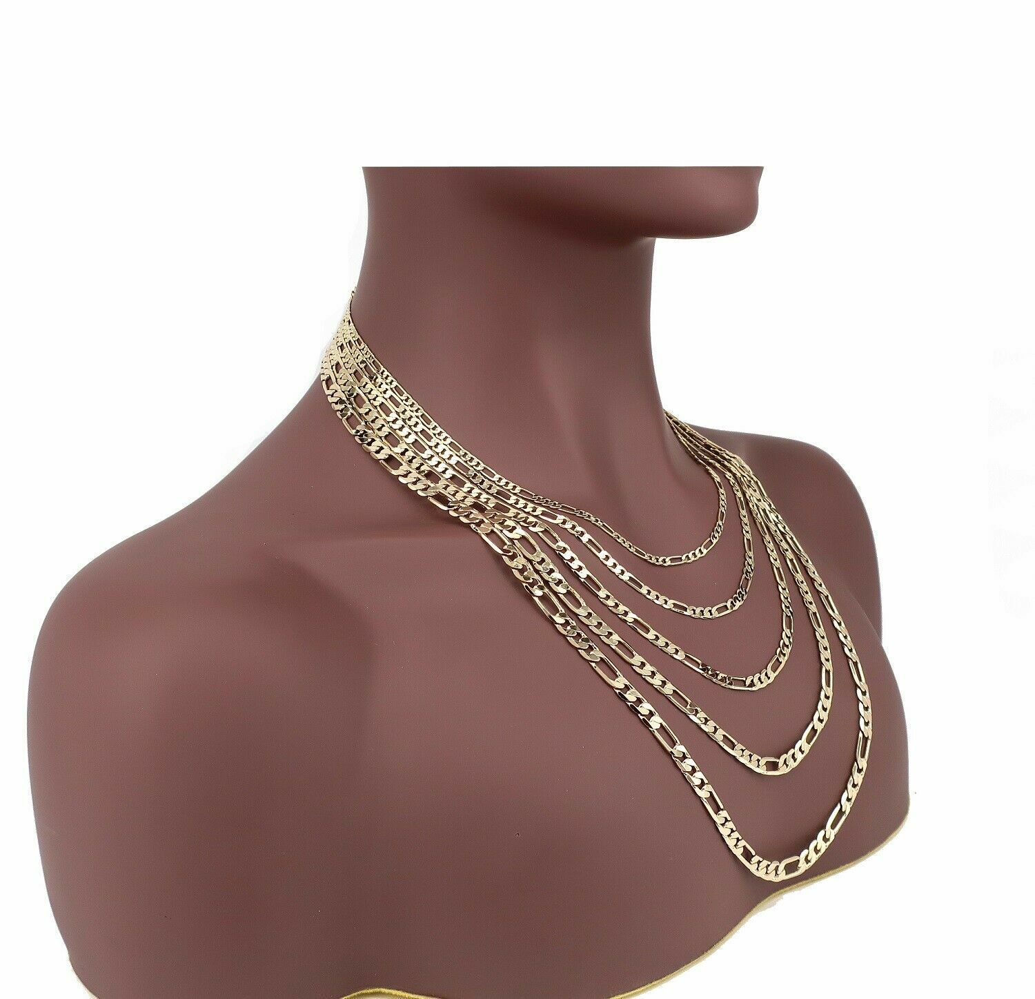 Italian Figaro Link Chain Necklace Bracelet 3mm to 6.5mm 14K Gold Plated