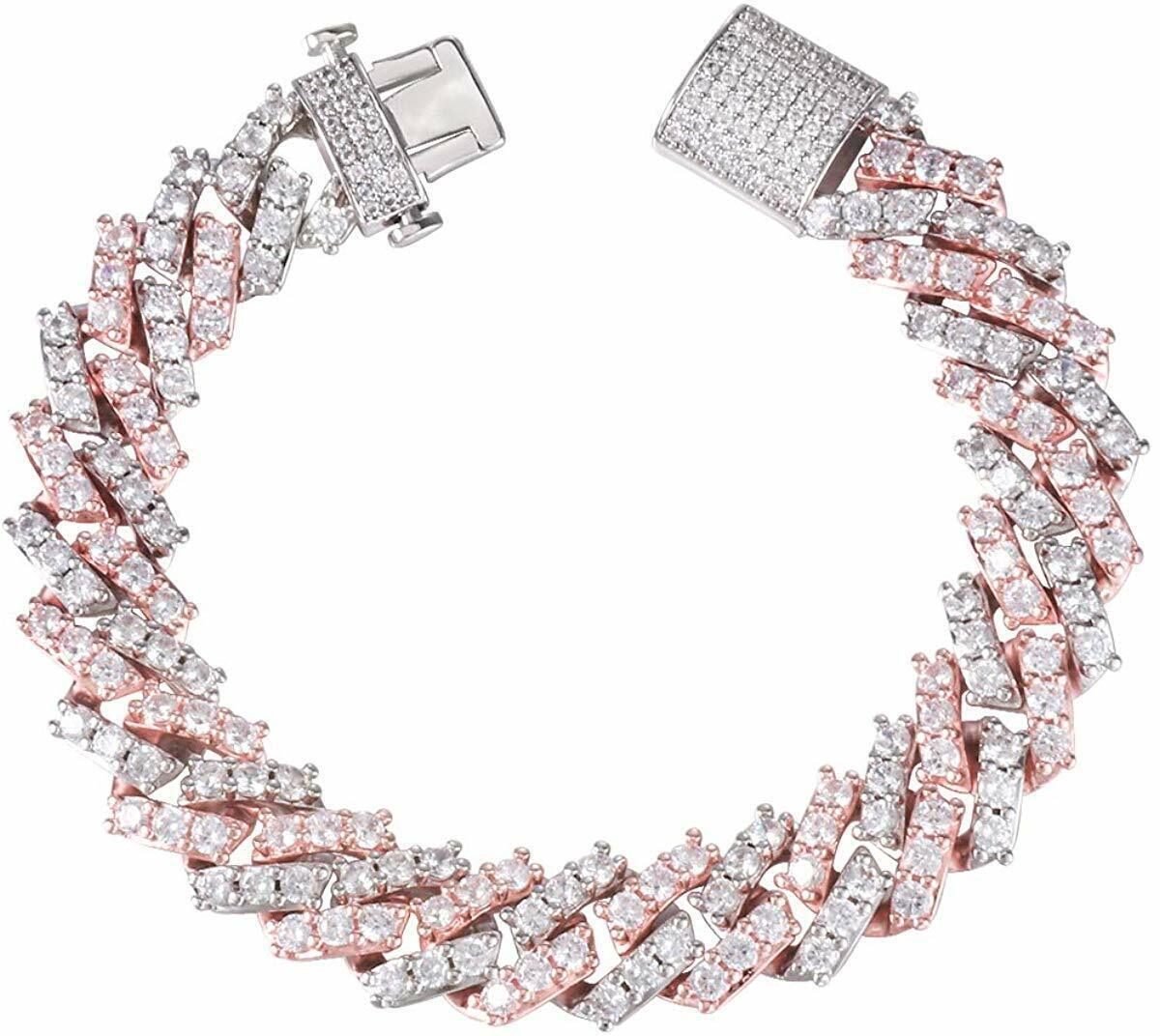 18K Gold Plated Full Iced CZ Out Stainless Steel Miami Cuban Link Bracelet Chain