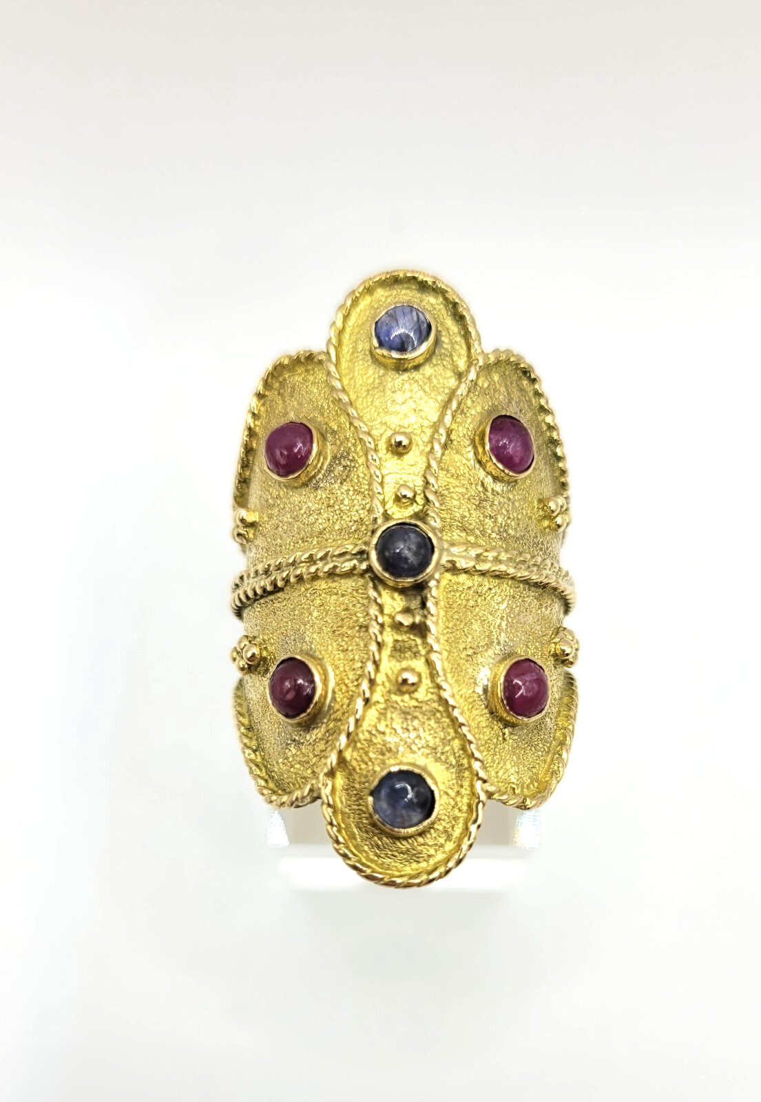 18K Yellow Gold Etruscan Byzantine Ruby & Sapphire Ring