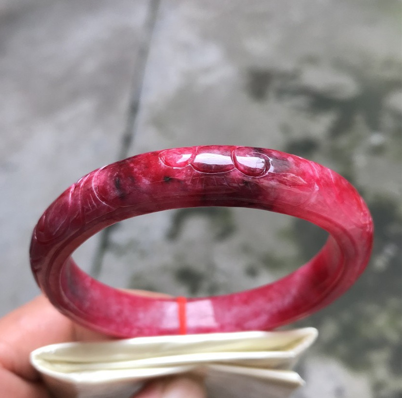 61mm Natural Icy Red Jadeite Jade Bracelet Myanmar Carving Jade Bracelet