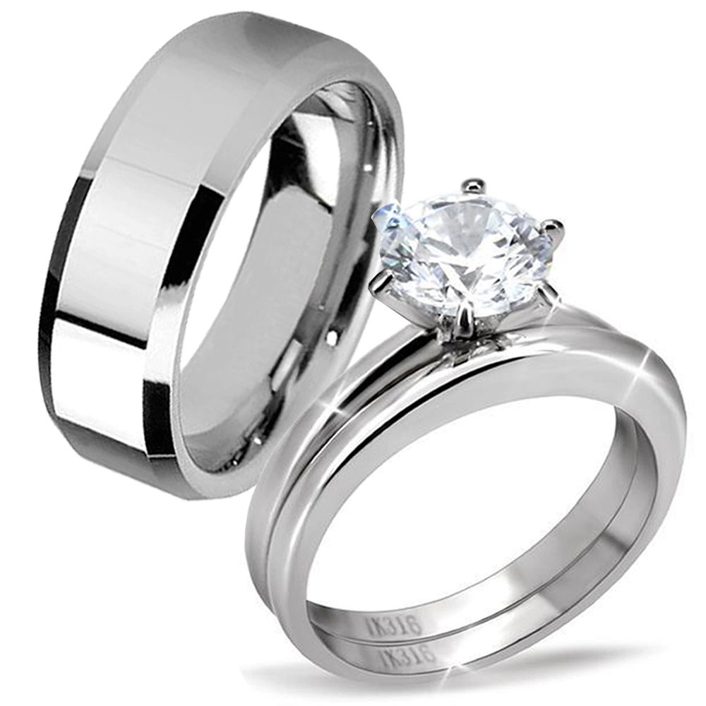 His & Hers Classic Men’s Band Women’s CZ Stainless Steel Wedding Engagement Ring