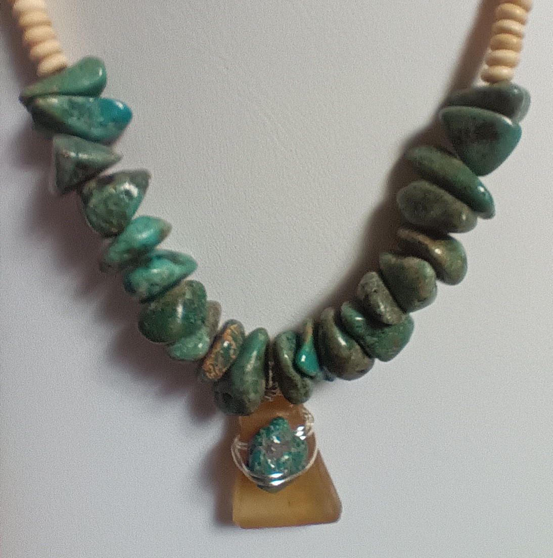Vintage American, Turquoise Nuggets, And Wooden Bead Necklace with Seaglass 18″