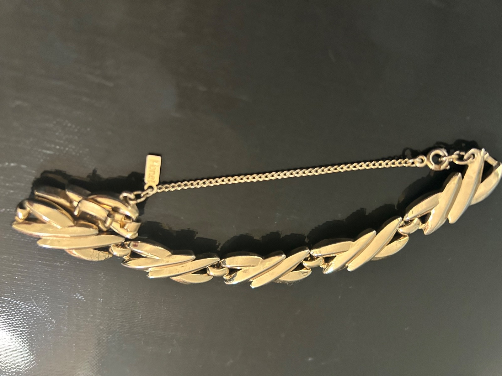 Vintage Monet Gold Tone Leaf Link Bracelet Signed w/ safety chain
