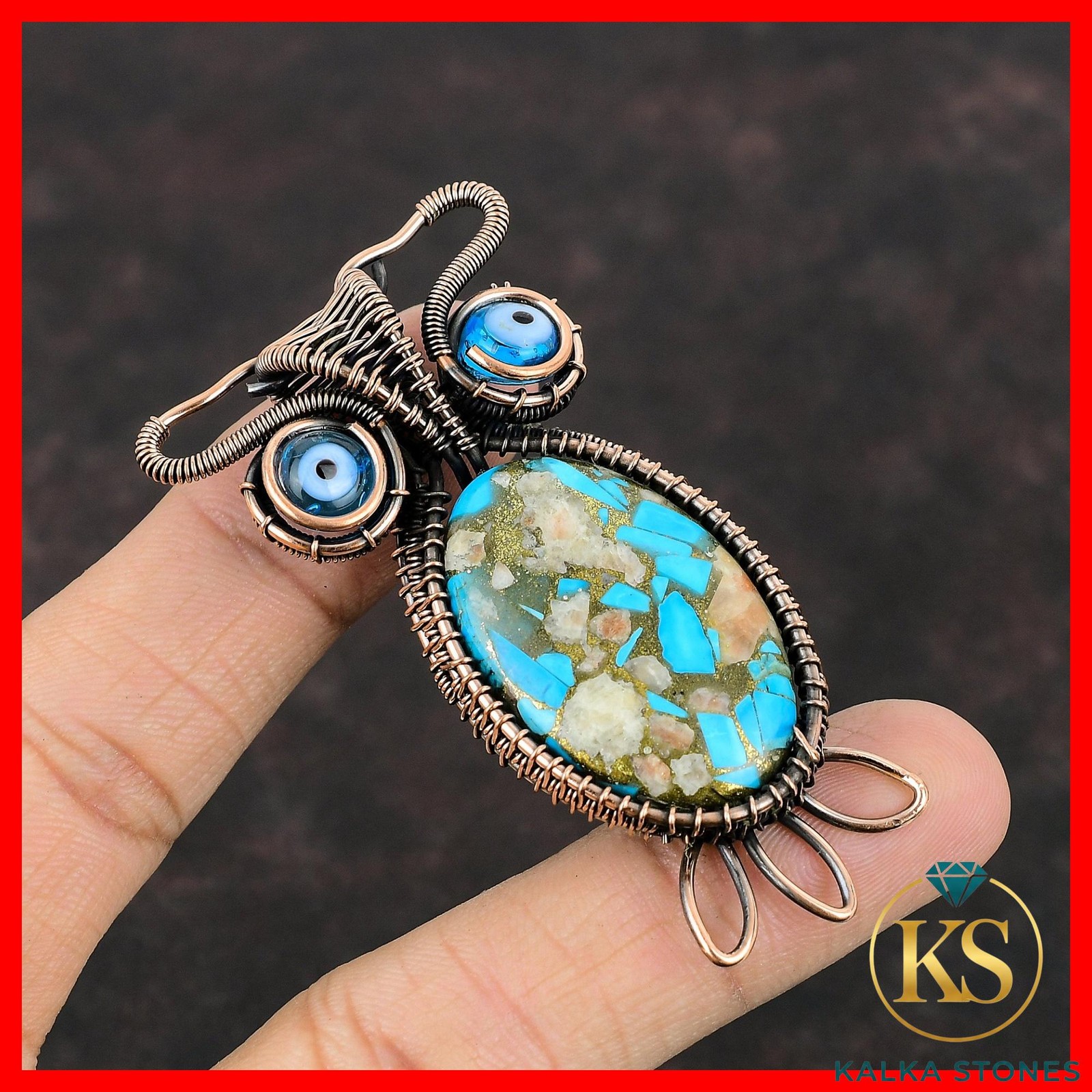 Copper Natural Pink Opal Copper Turquoise Blue Color Evil Eye Pendant Jewelry