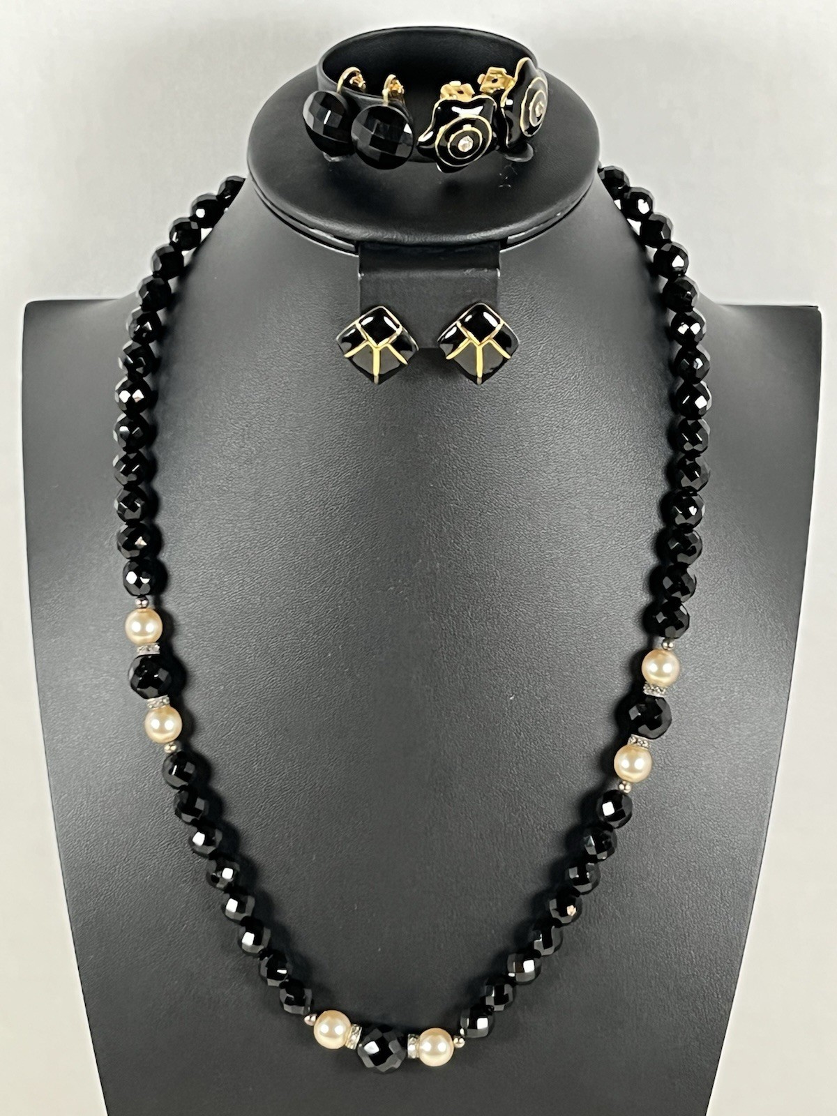 Vintage Black Glass Beaded Necklace w/ 3 Pairs of Black & Gold Enamel Earrings