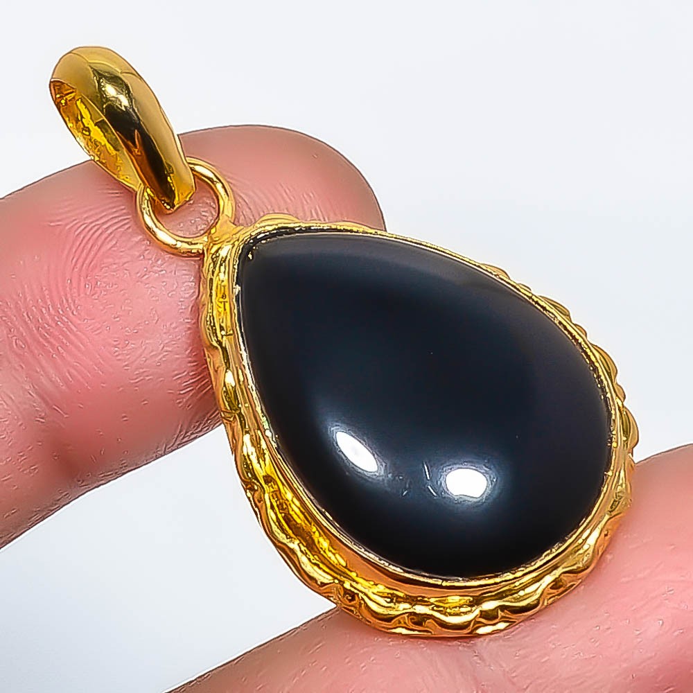 Natural Black Onyx Gemstone 925 Silver Gold Plated Pendant 1.56″ P7622-607