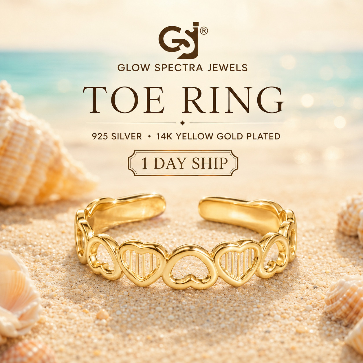 Women’s Heart Toe Ring Solid Metal 925 Sterling Silver 14k Yellow Gold Plated