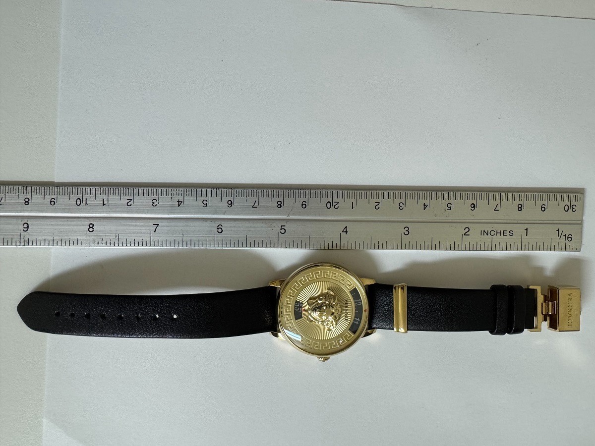 Versace Medusa Icon Yellow gold tone black leather band watch 38mm