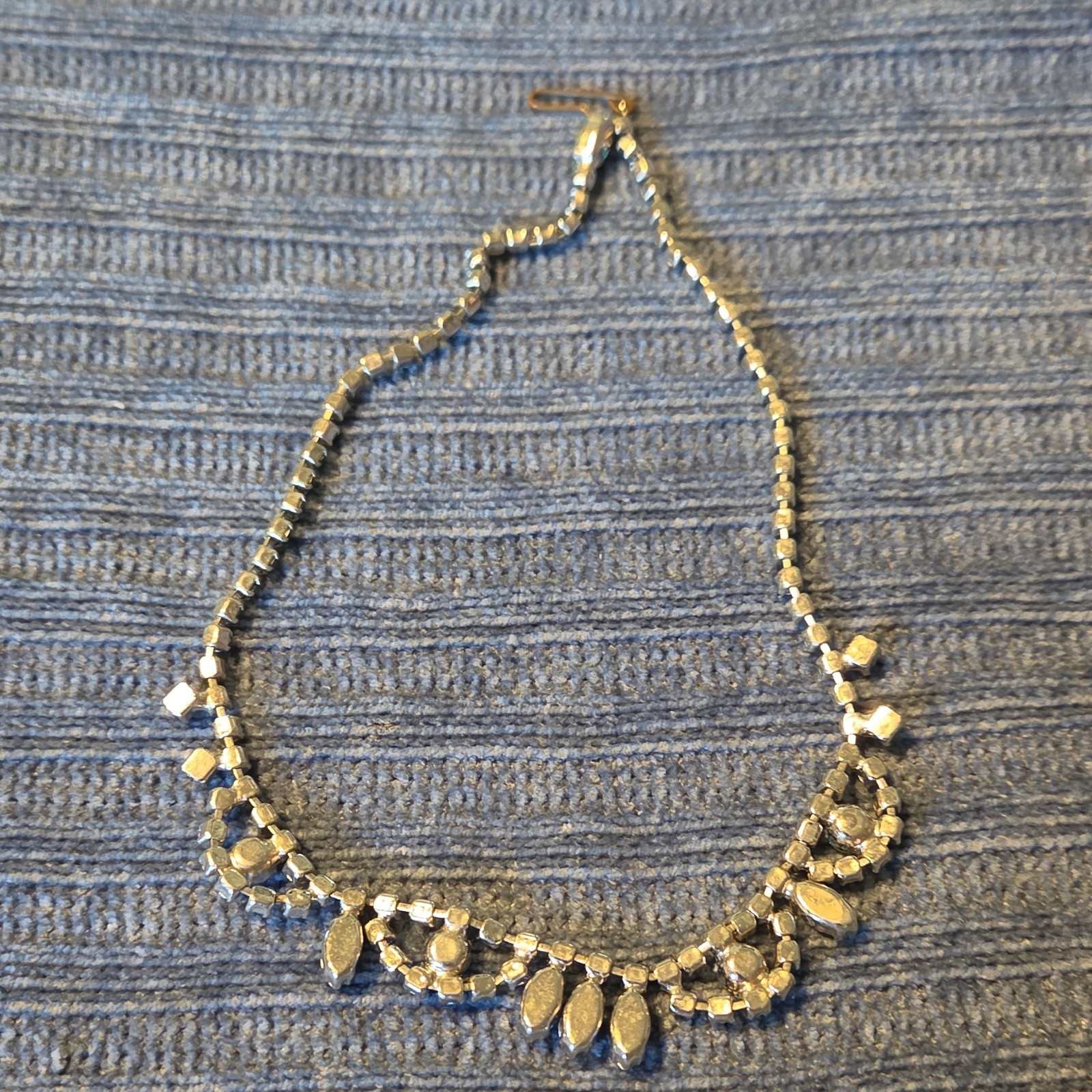 Blue Rhinestone Statement Necklace Silver Tone Marquise Cup Chain Hook