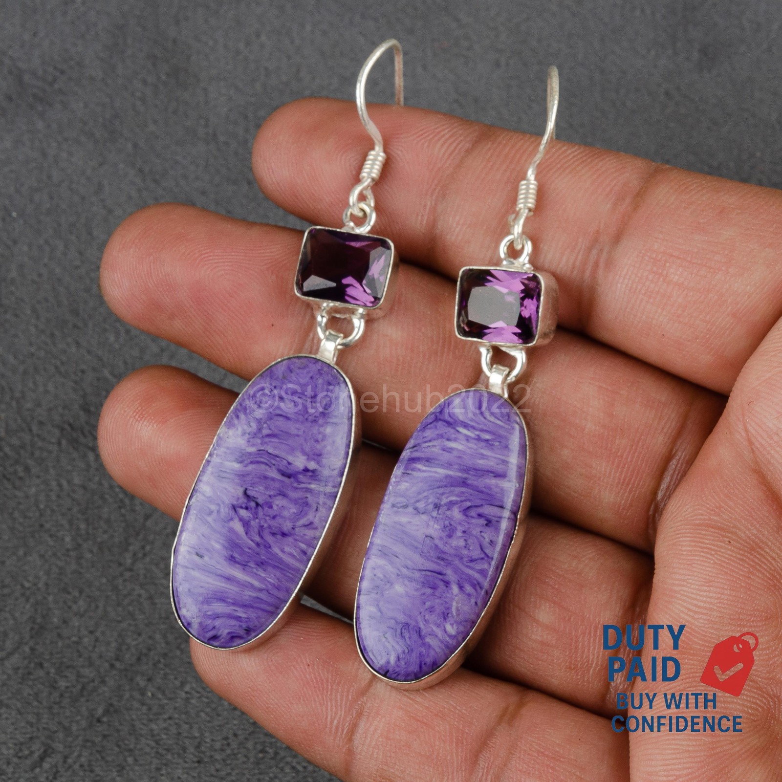 OVAL Genuine CHAROITE 925 Silver Sister Channel Set Anniversary Drop Earrings