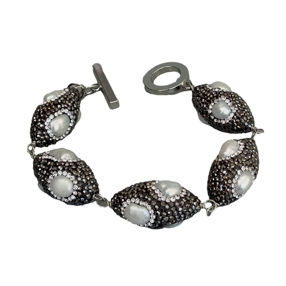 8.5″ Freshwater Cultured White Pearl Black Rhinestone Pave Olive shape Bracelet