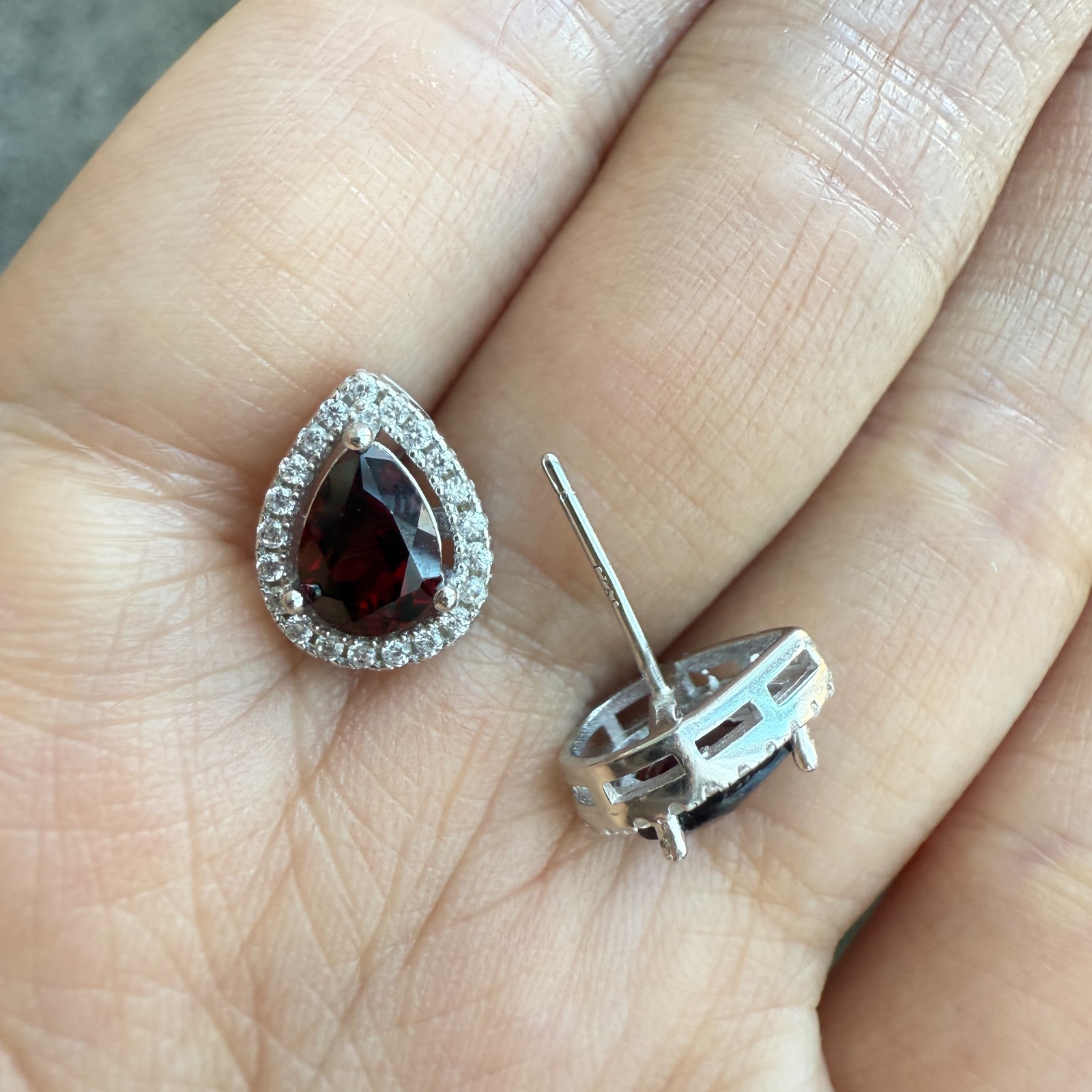925 Sterling Silver Earrings 7x5mm Rhodolite Garnet Zircon Teardrop Handmade Red