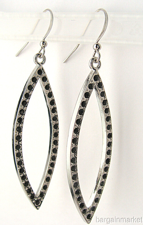 Silver EP Black Rhinestone Crystal Hoop Dangle Drop Earring Lead Nickel Free