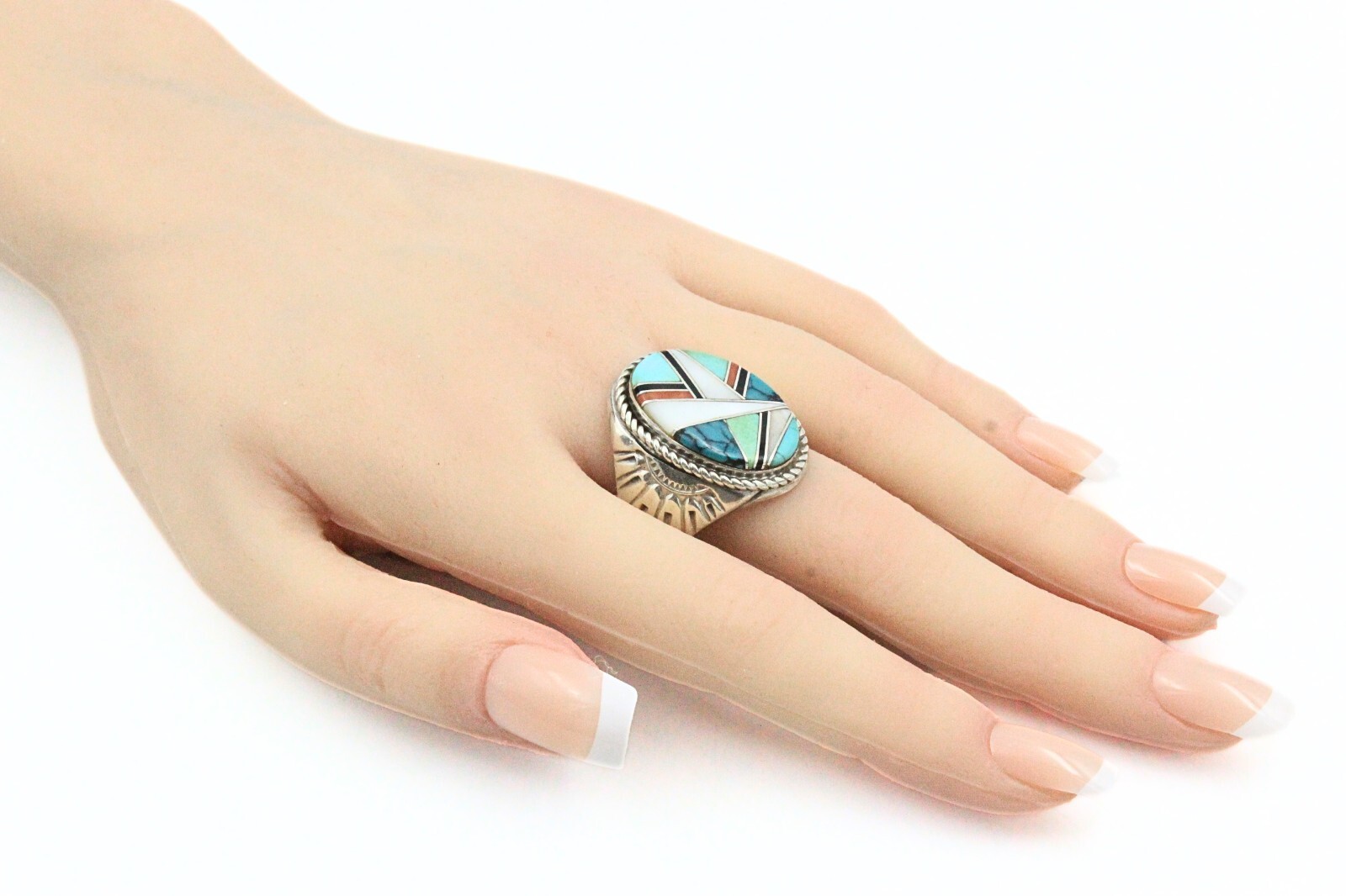 Marvelous Roger Skeet Jr Inlaid Turquoise MOP Coral Sterling Silver Navajo Ring