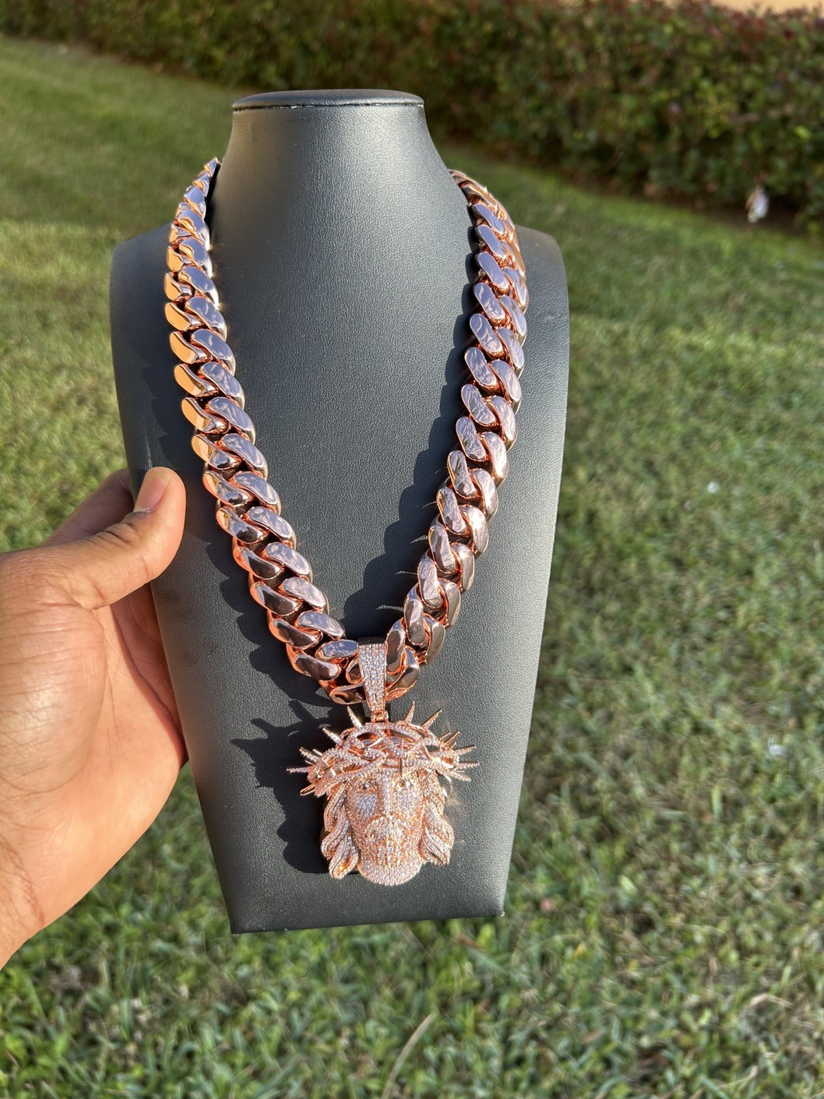 20mm Rose Gold Plated Miami Cuban Link & Jesus Thorn Crown Pendant 2 Piece