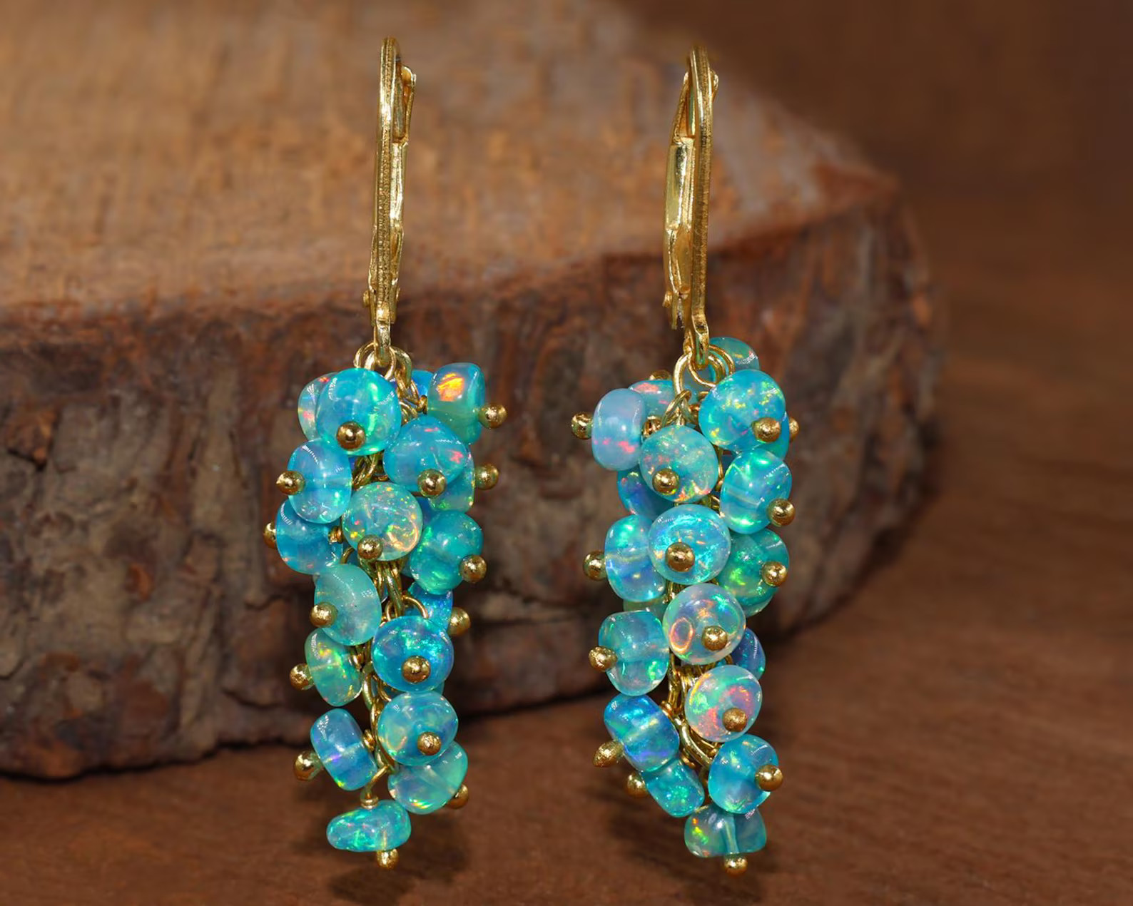 Natural Paraiba Opal Cluster Earrings 925 Silver Leverback October Birthstone