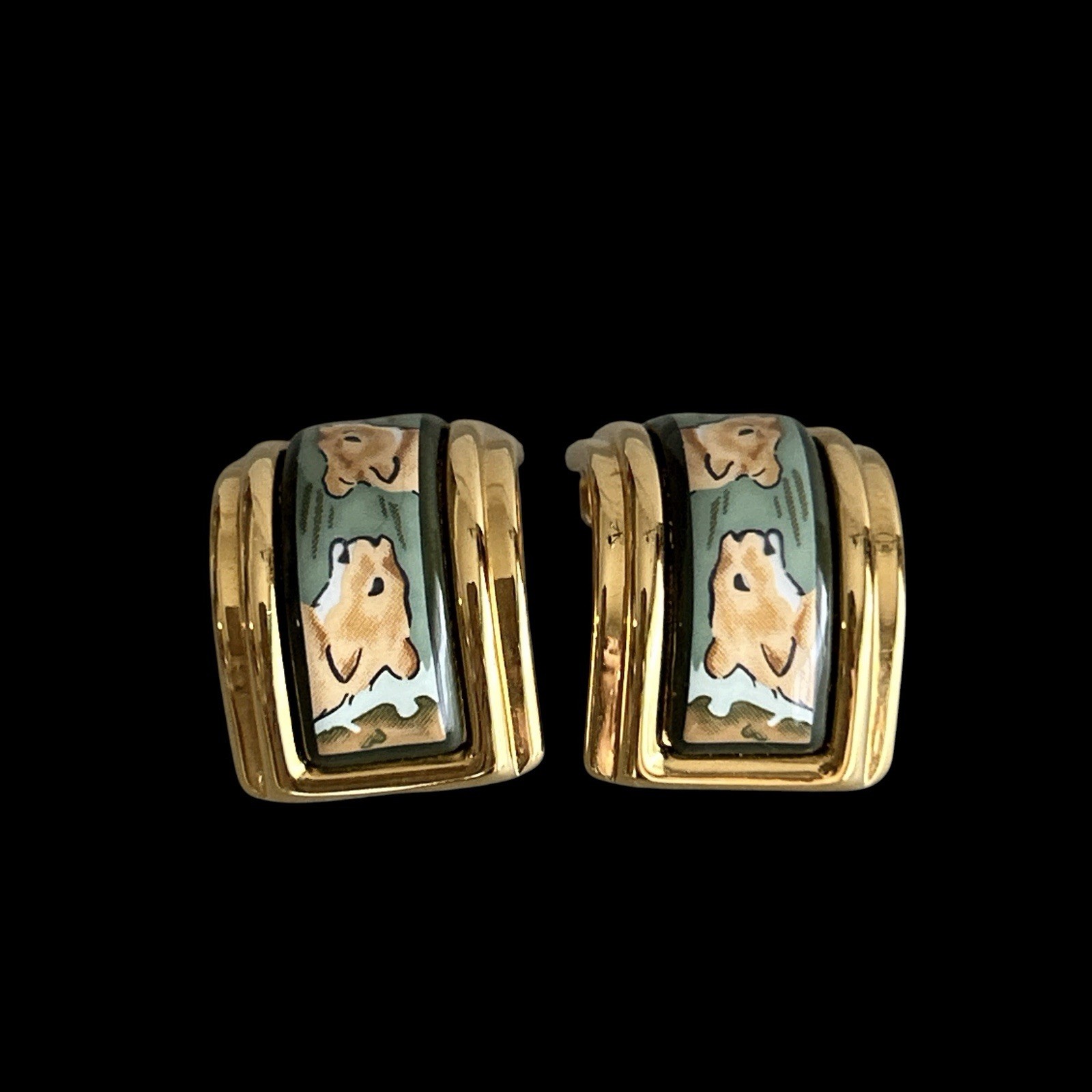 VTG Hermes Lion Motif Enamel Clip-On Earrings Cloisonne Gold Plated w/Box Used