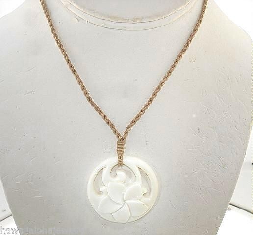 37MM CARVED WATER BUFFALO BONE MAORI PUA FRANGIPANI PLUMERIA KORU NECKLACE 27″