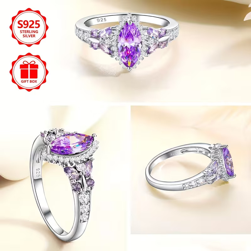 Beautiful Amethyst & Cubic Zirconia .925 Ring, Size 10. FREE SHIP IN THE USA!