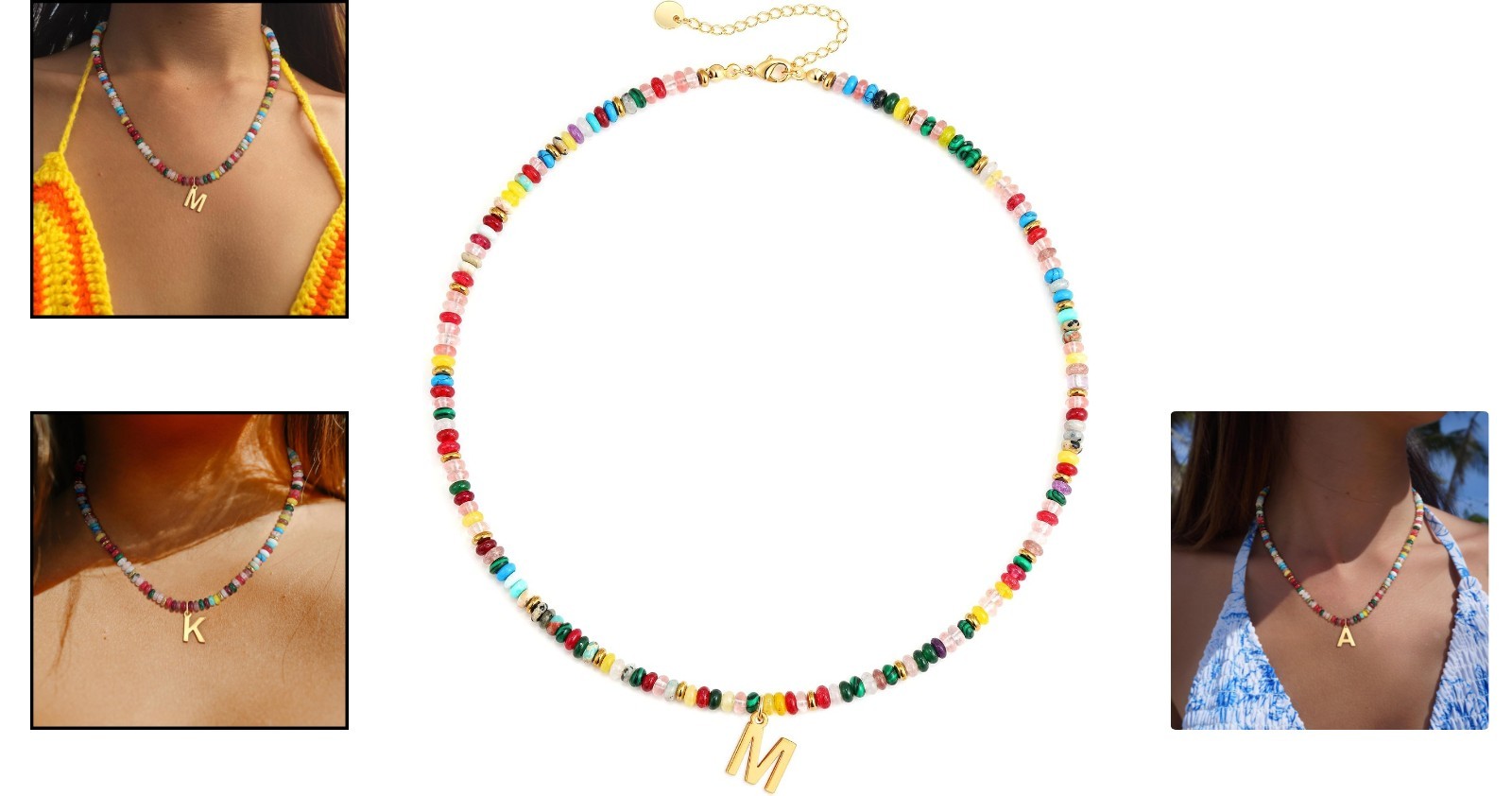 Handcrafted Rainbow Bead Initial Necklace – Personalized Summer Accessory