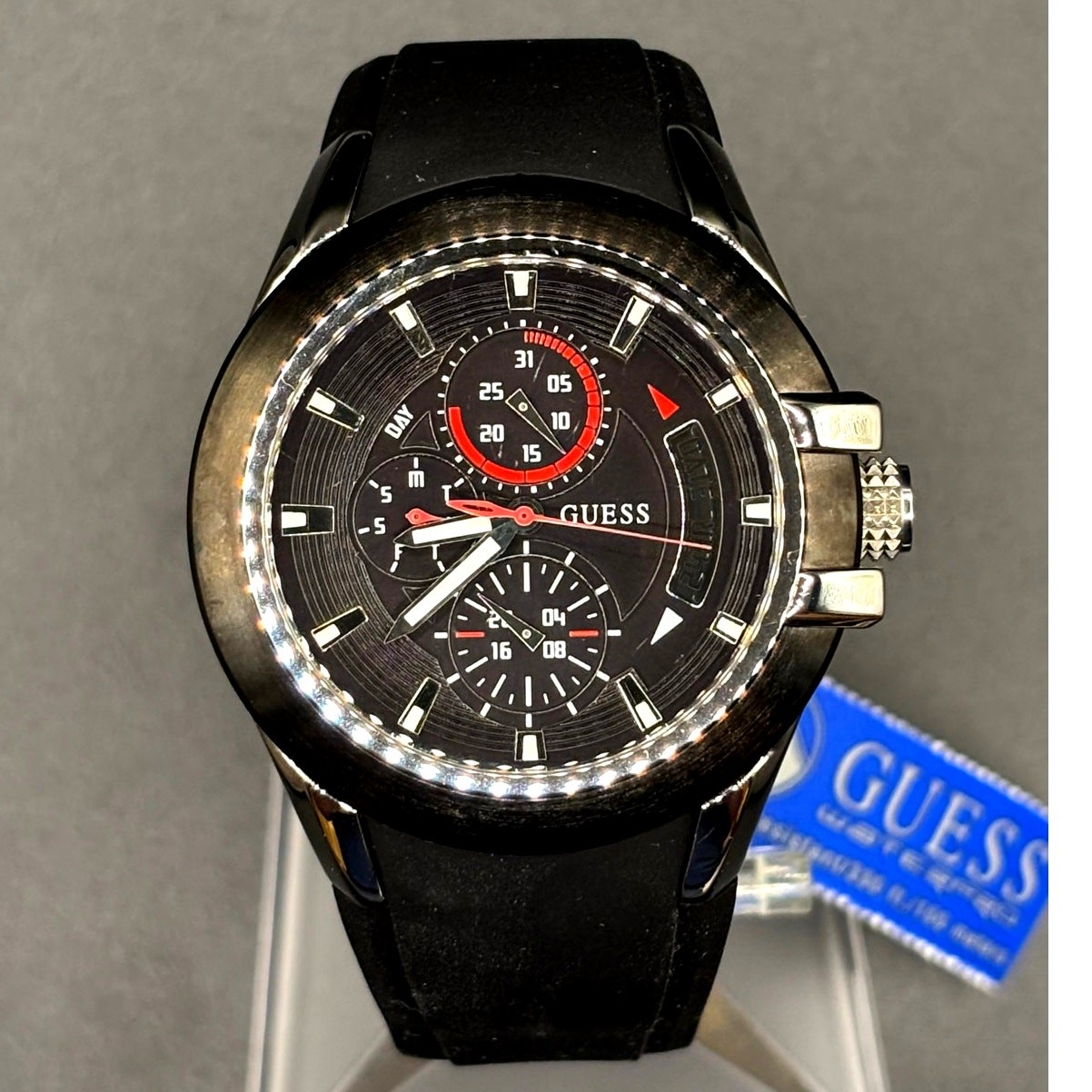 GUESS Waterpro U10575G1 Men’s 45mm Multifunction Black Silicone Watch NWT