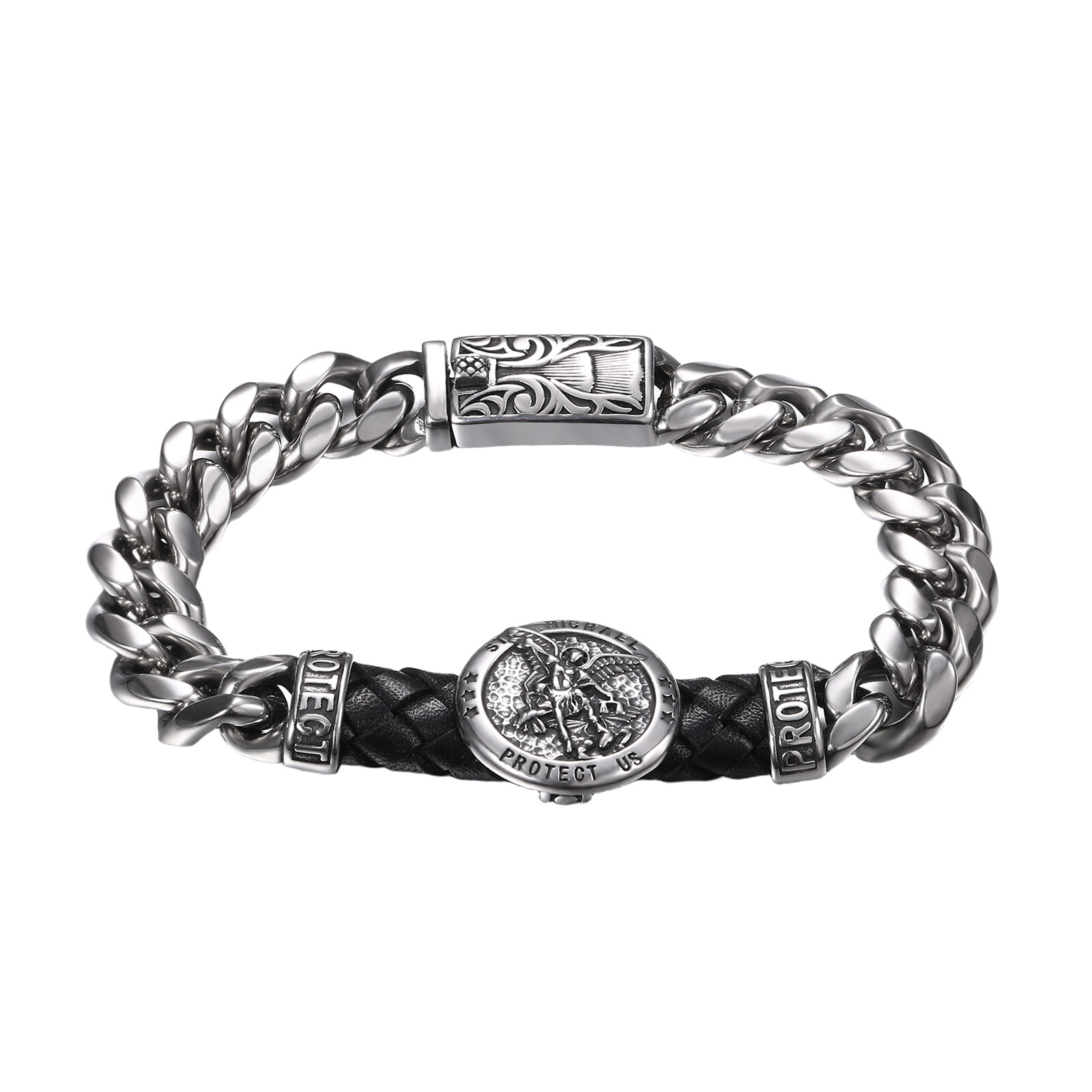9in Cuban Link St Michael Bracelet for Men Stainless Steel Heavy Biker Bangle