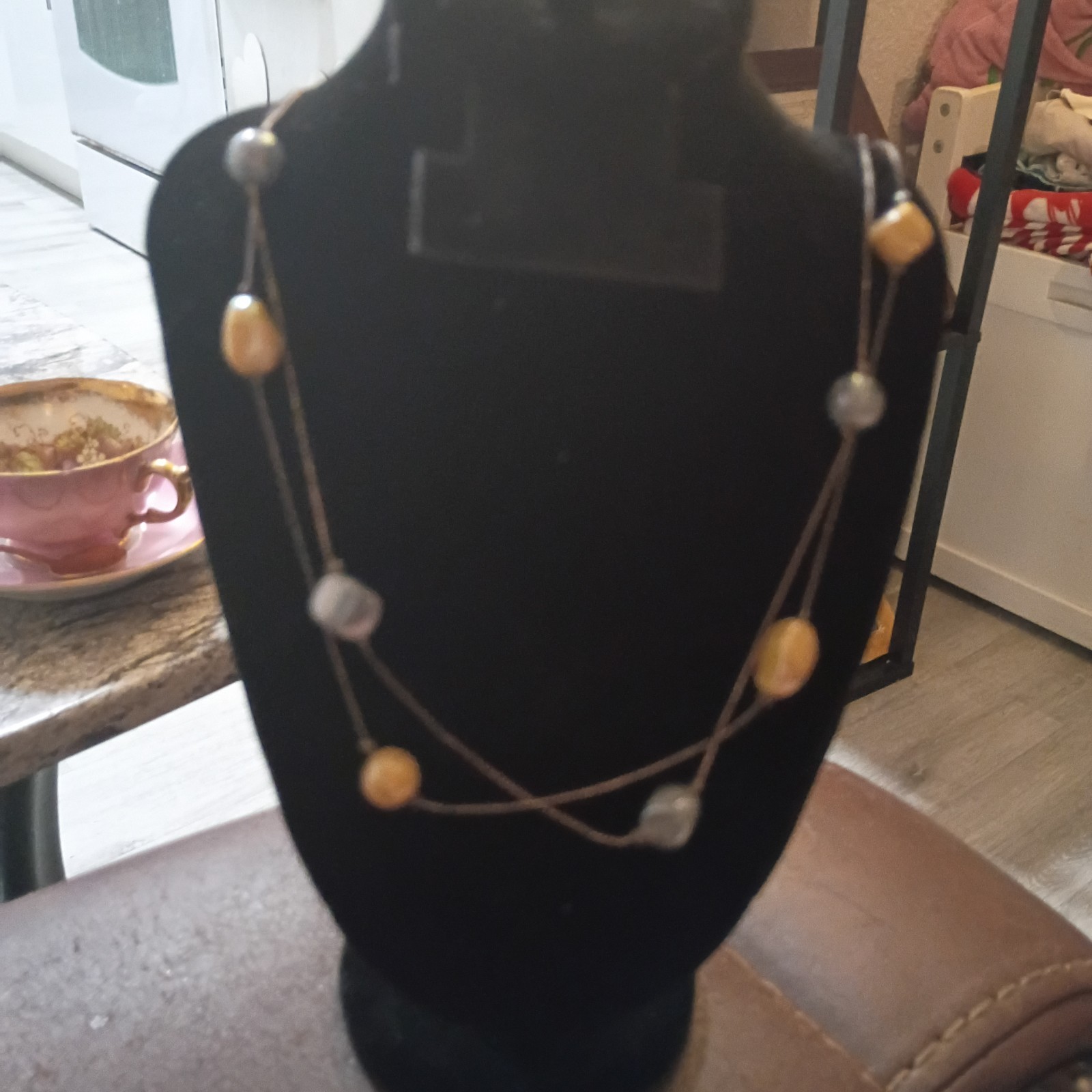 Gold Tone Double Chain Beaded Station Necklace, Metal, No Stone