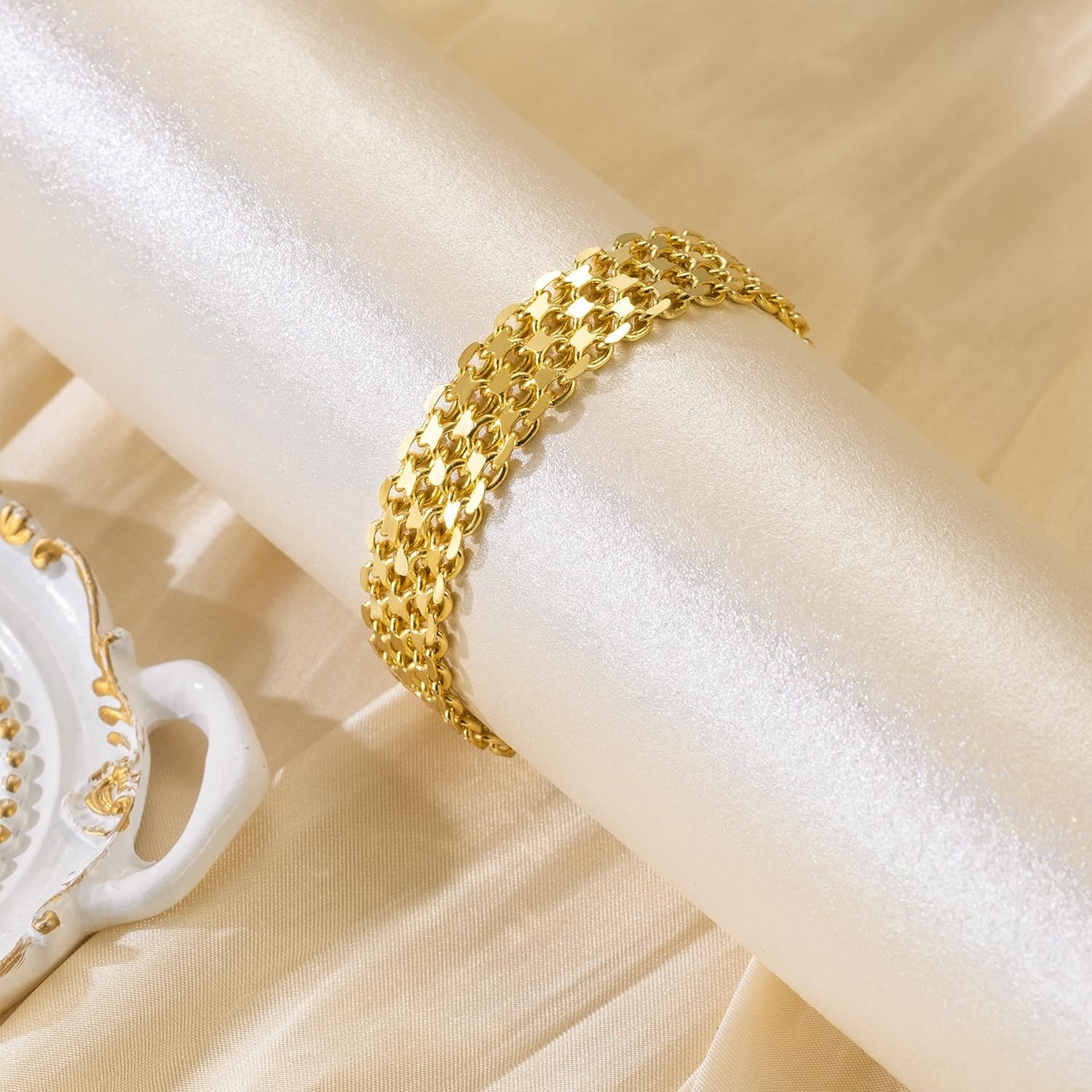 14K Gold Women’s Bracelet, Widen Chain Jewelry Gift, Adjustable 6.5-8.5in