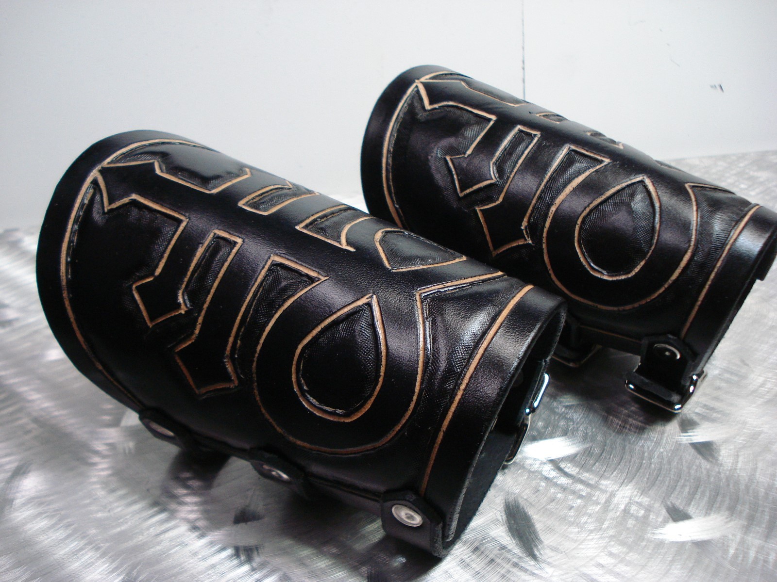 BLACK CARVED SATANIC LEATHER GAUNTLET. HEAVY METAL (MDLG0328)…..KING DIAMOND