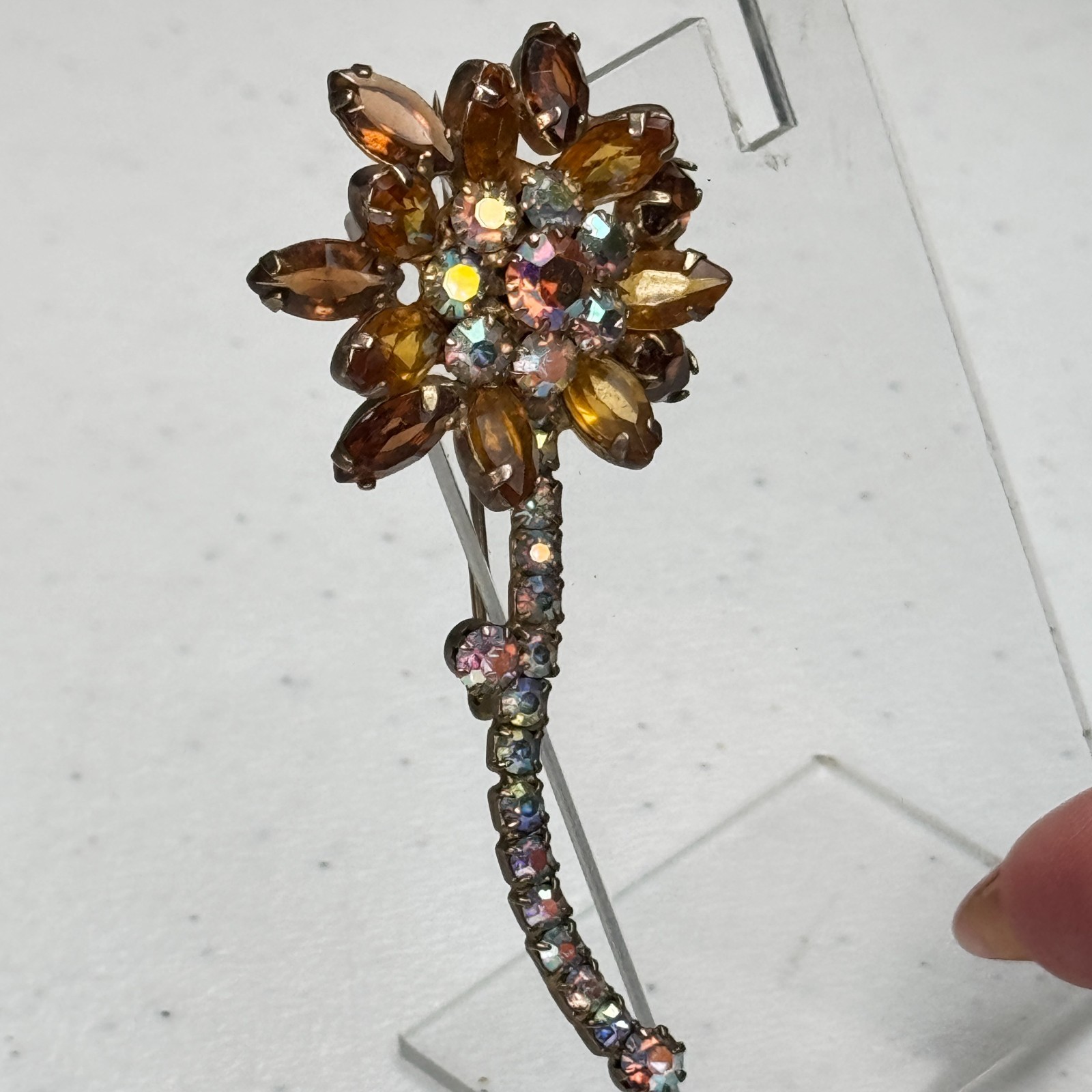 Vintage Brooch Brown Rhinestone Flower AB Stem Daisy MCM 50s 60s