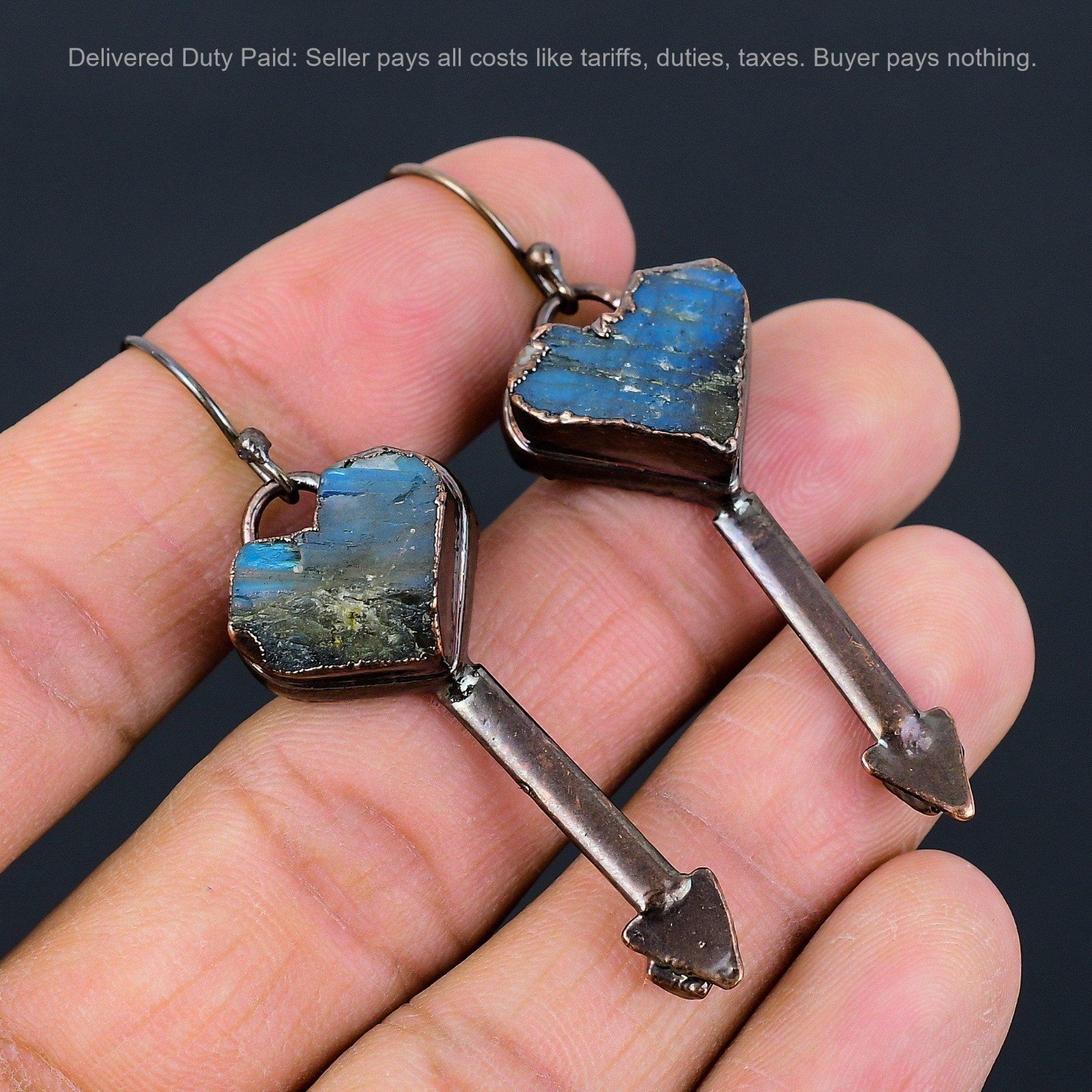 Copper Natural Labradorite Rough Dangle Electroformed Artisan Earrings Jewelry