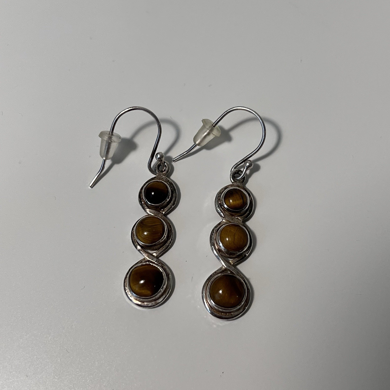 Vintage Sterling Silver TIGER’S EYE 3-Stone Dangle Earrings 1.125”