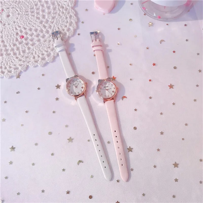 Kids Children Set Watch Leather Strap Quartz Watch Girls wrist Watch + Bracelet