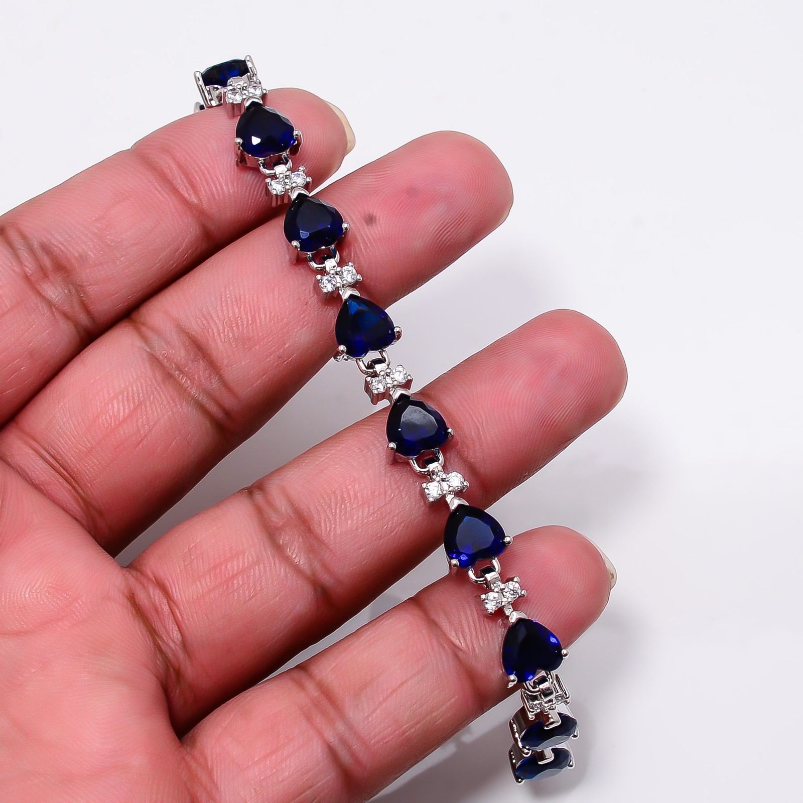 Blue Sapphire -Simulated, CZ 925 Sterling Silver Adjustable Bracelet 7-8″ B2755