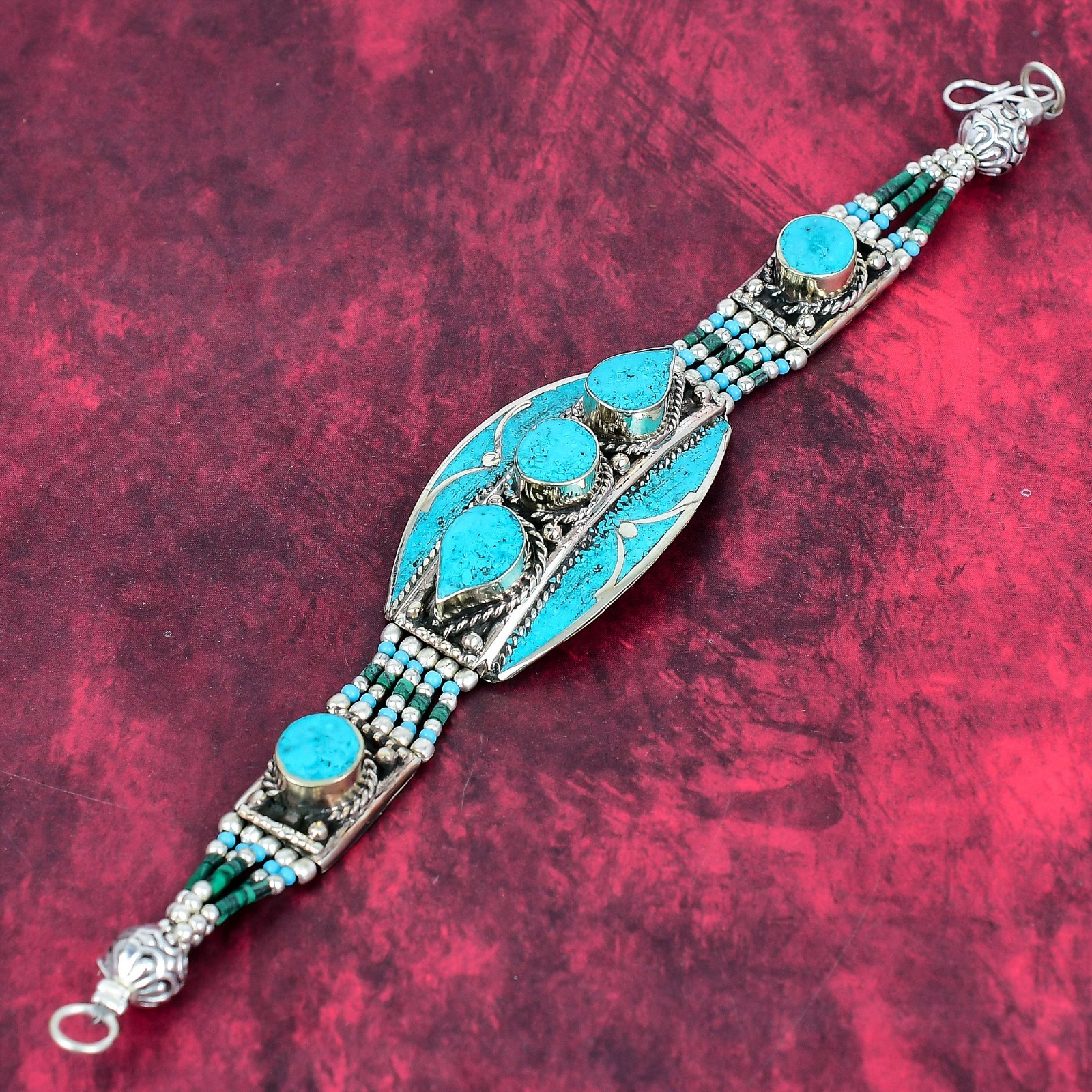 Blue Turquoise Gemstone Handmade 925 Sterling Silver Jewelry Nepali Bracelet