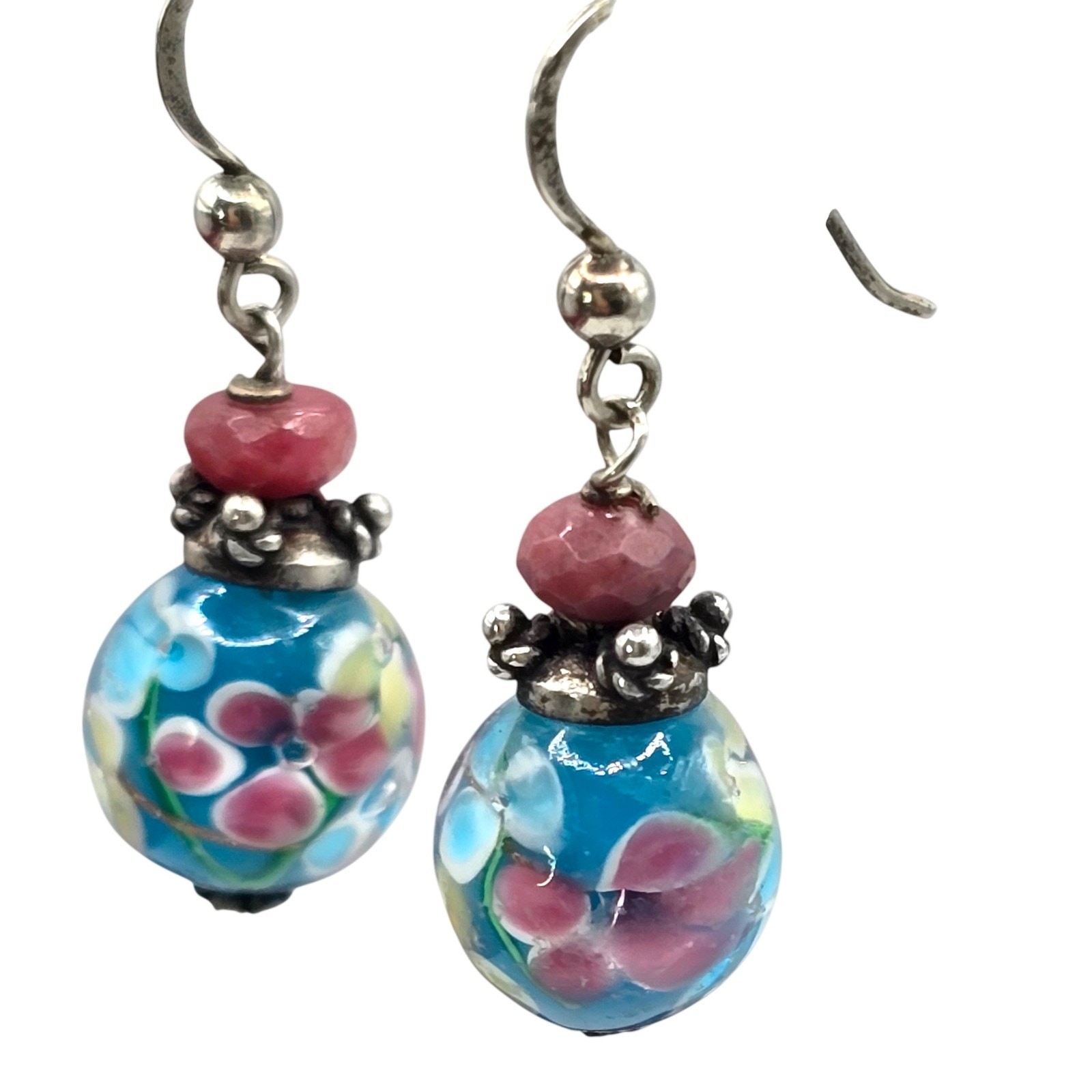 Earrings Lampwork Sterling Silver 925 Accent Dangle Floral Glass Bead Boho S2942